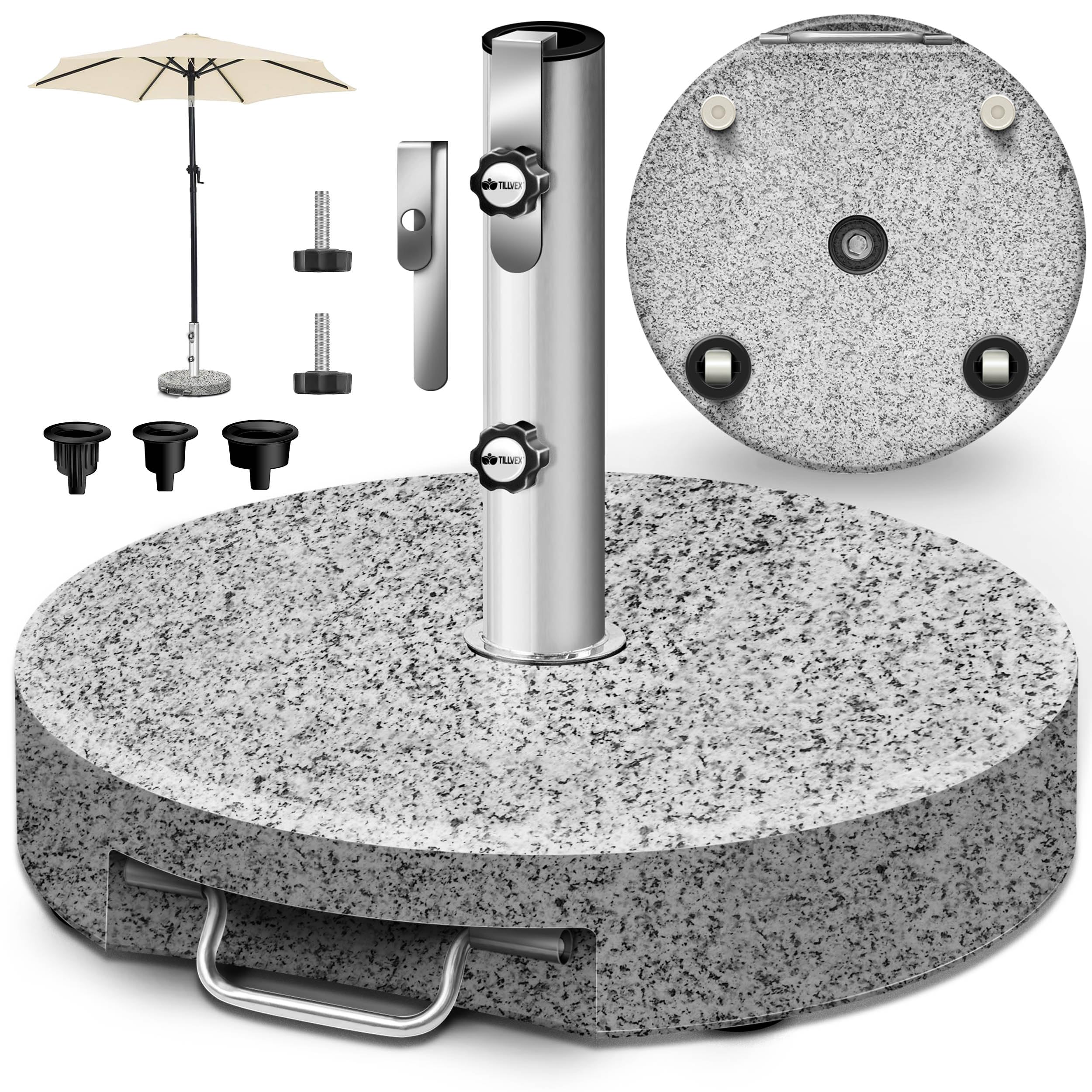 tillvex® Granit Parasolstandaard met wielen en transportgreep, 27 kg, vierkant, parasolvoet met roestvrijstalen buis, balkonparasolstandaard voor parasolstokken 16-48 mm en 250 cm diameter