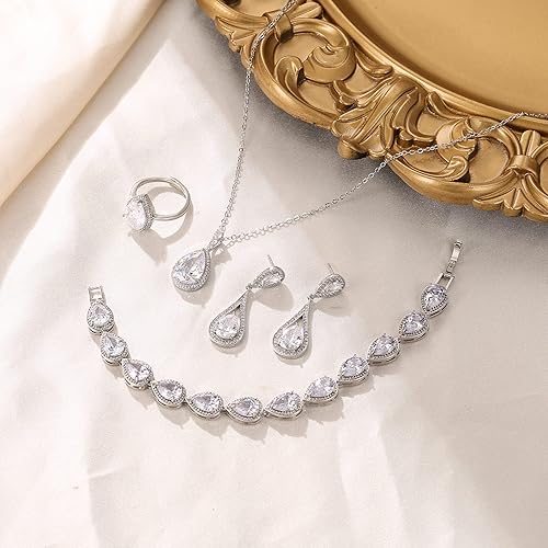 Miniatura 6 de Flyonce Juego de joyas de boda para novias, damas de honor, brillantes con circonita cúbica, colgante de lágrima, aretes colgantes, anillos