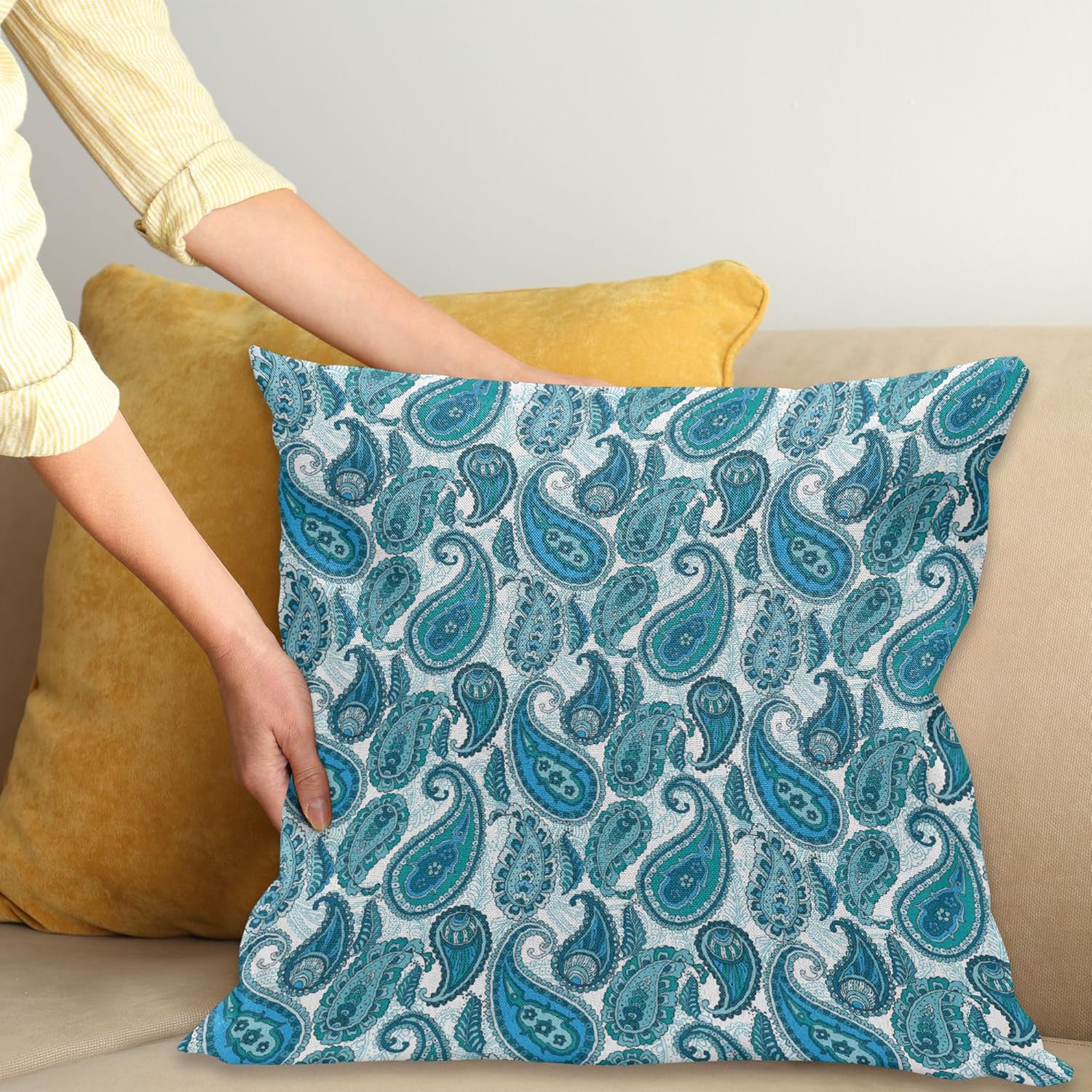 Ambesonne Paisley Throw Pillow Cushion Cover, Ocean Inspired Design with Stripes and Flowers Abstract Background Image Print, Decorative Square Accent Pillow Case, 26" X 26", White Teal