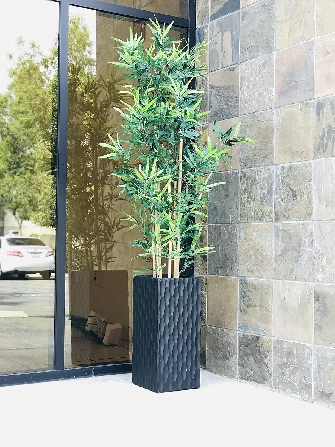 Kante 8.3" x 8.3" x 19.7" Square Concrete Retro Tall Lightweight Rectangle Outdoor Planter Pots with Drainage for Patio Deck Livingroom Burnished Black