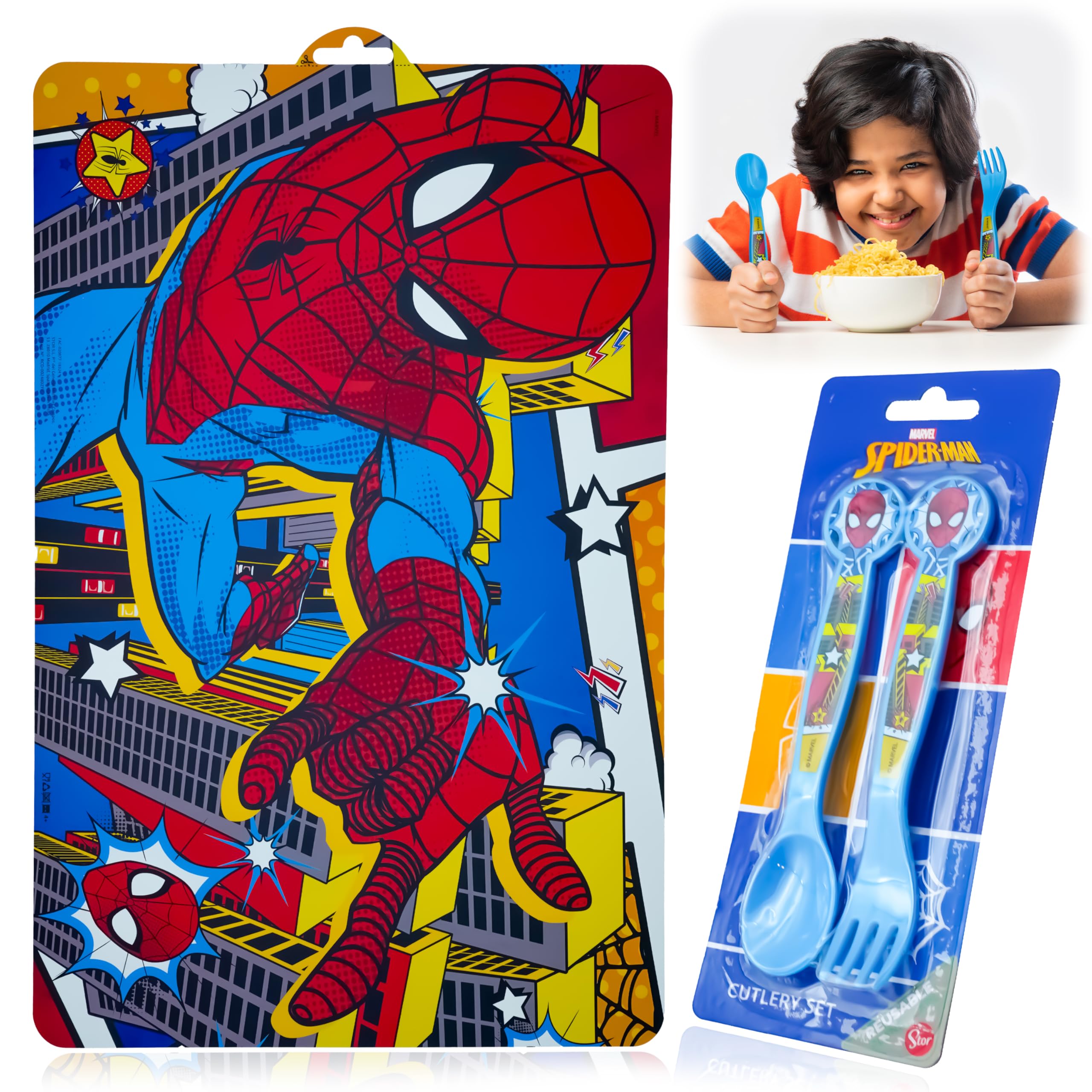 Spiderman Cutlery and Placemat Set – Kids Mealtime Bundle with Fun Character Design – Reusable Spoon Fork and Wipe Clean Placemat for Boys and Girls