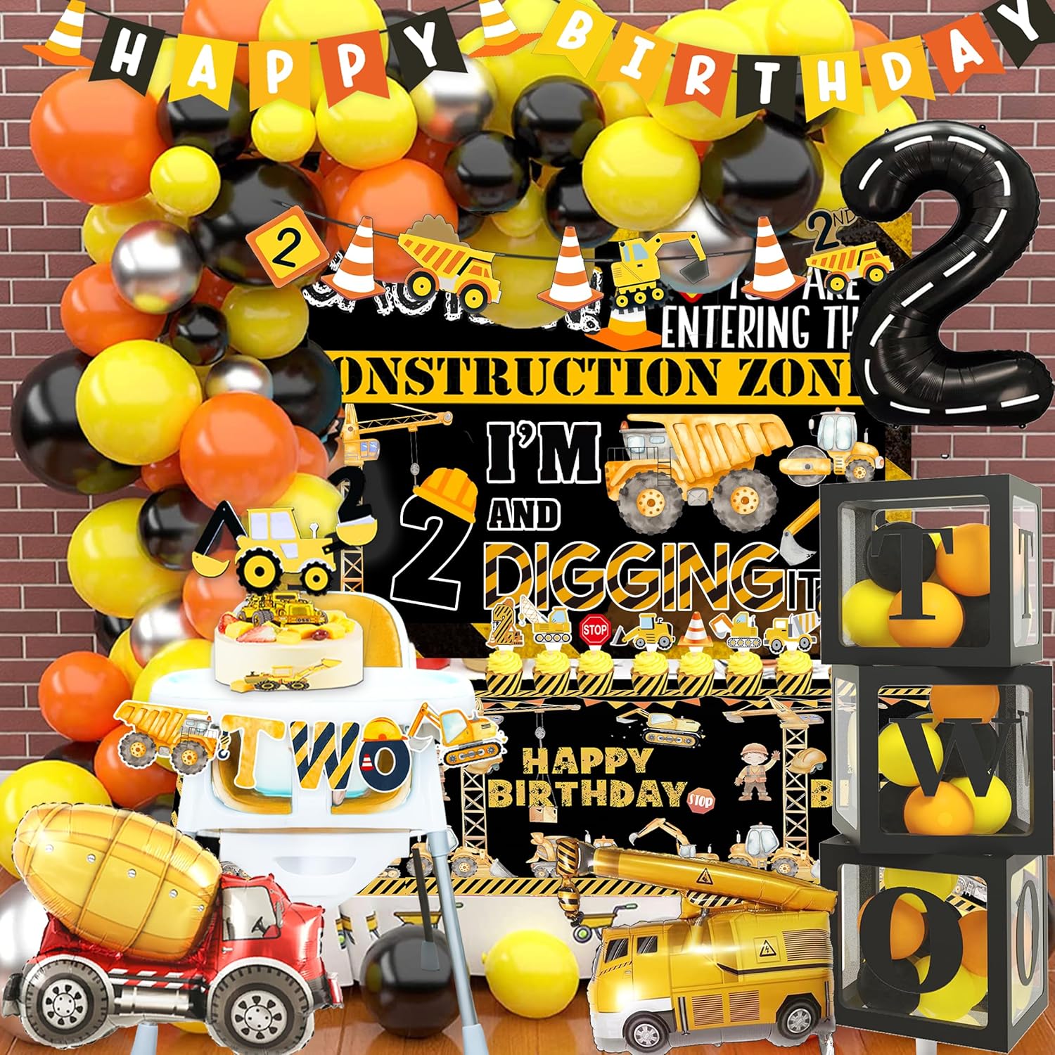 Construction 2nd Birthday Party Supplies ,Dump Truck 2nd Birthday Party Decorations Tableware Includes Box Cutout Sash Plates, Cup, Napkin, Balloon, Backdrop, Tablecloth, Banner, Construction 2nd - Image 3