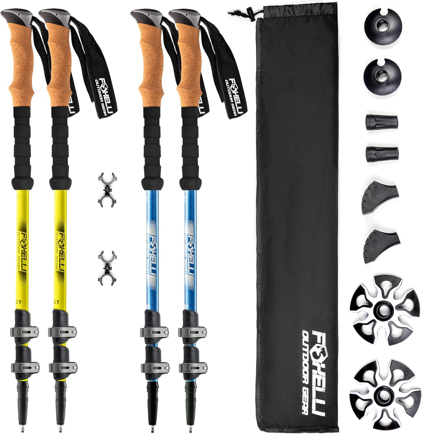 Foxelli Hiking Poles Bundle (2 Pairs) – Yellow & Blue Collapsible Lightweight Aircraft-Grade Aluminum Trekking Poles with Accessories