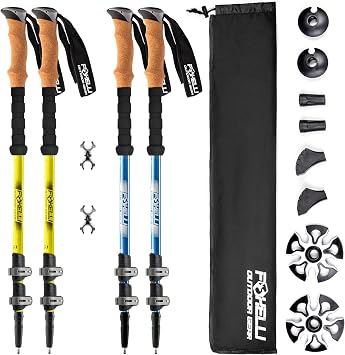 Foxelli Hiking Poles Bundle 2 Pairs Yellow & Blue Collapsible Lightweight Aircraft-Grade Aluminum Trekking Poles with Accessories