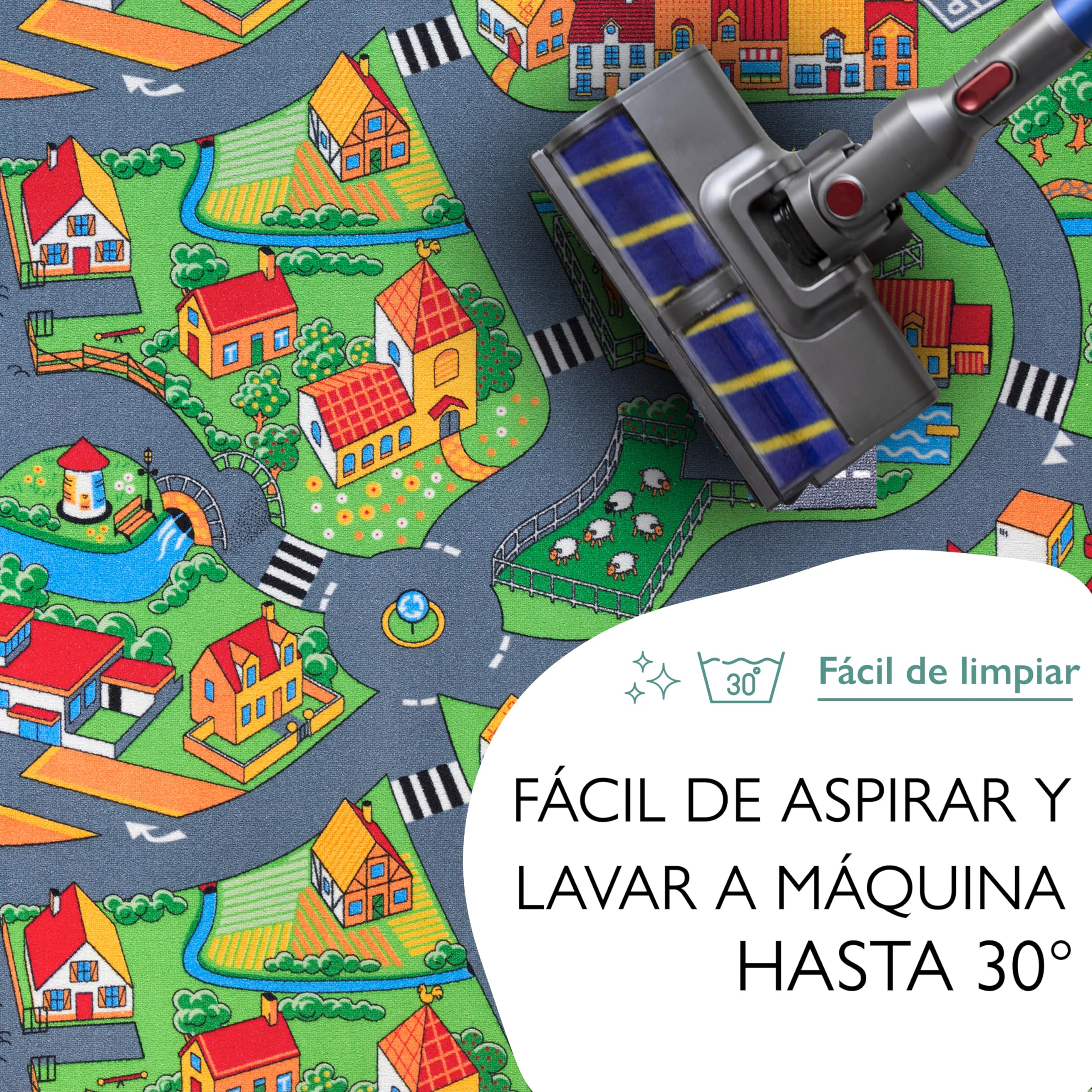 Carpet Studio Alfombra Carretera 95x133cm, Alfombra Infantil para Dormitorio & Cuarto de Jugar, Lavable a Máquina, Fácil de Limpiar, Anti-Deslizante - Little Village