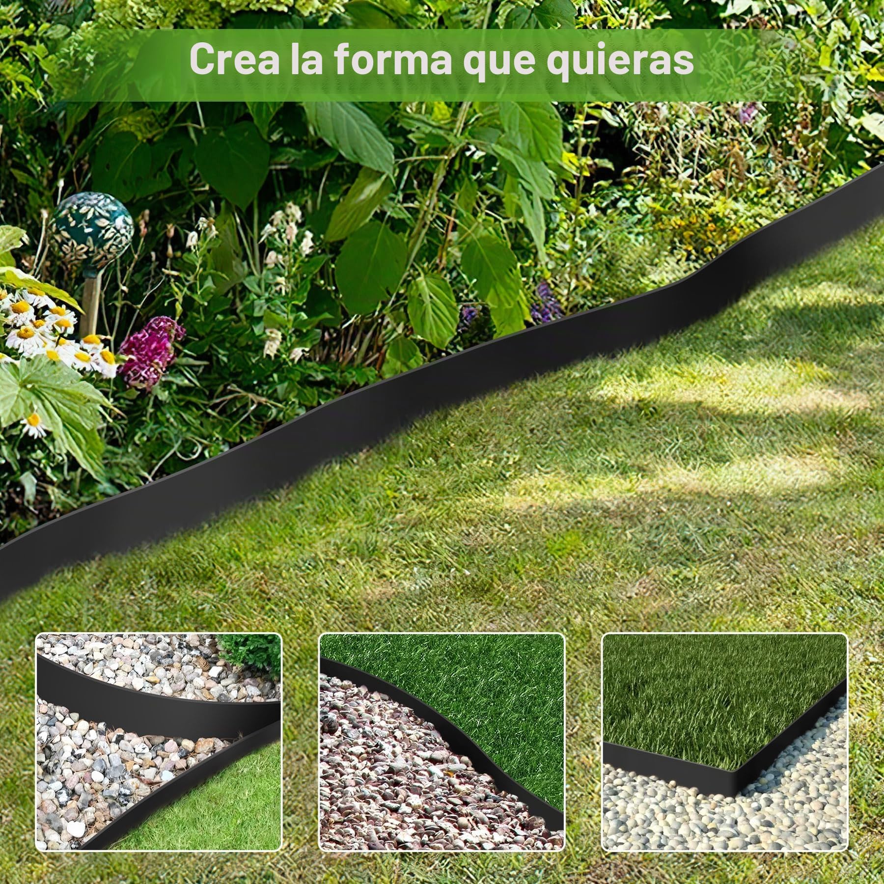 Forever Speed Borde Jardín Flexible de Plástico 20m x 5cm(LxH) [120 Anclajes Al Suelo + 2 par de Guantes] Césped Borde Valla de Jardín Cenefa para Parterres Negro