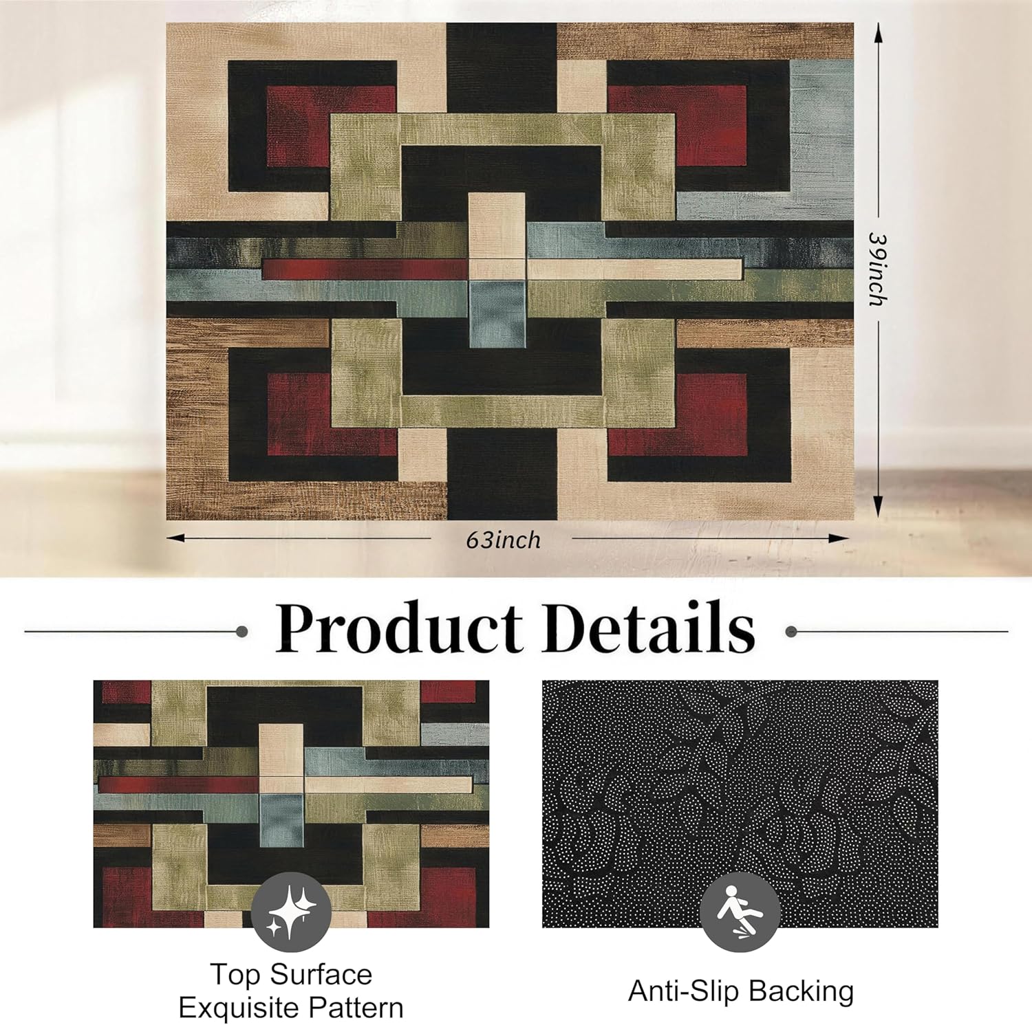 PAIPY Office Chair Mat for Hardwood Floor, Abstract Desk Mats,Under Desk Rug Protector for Rolling Chair, Computer Gaming Chair Mats, Low Pile Carpet Floor Mat (Geometric Pattern, 39"x63")