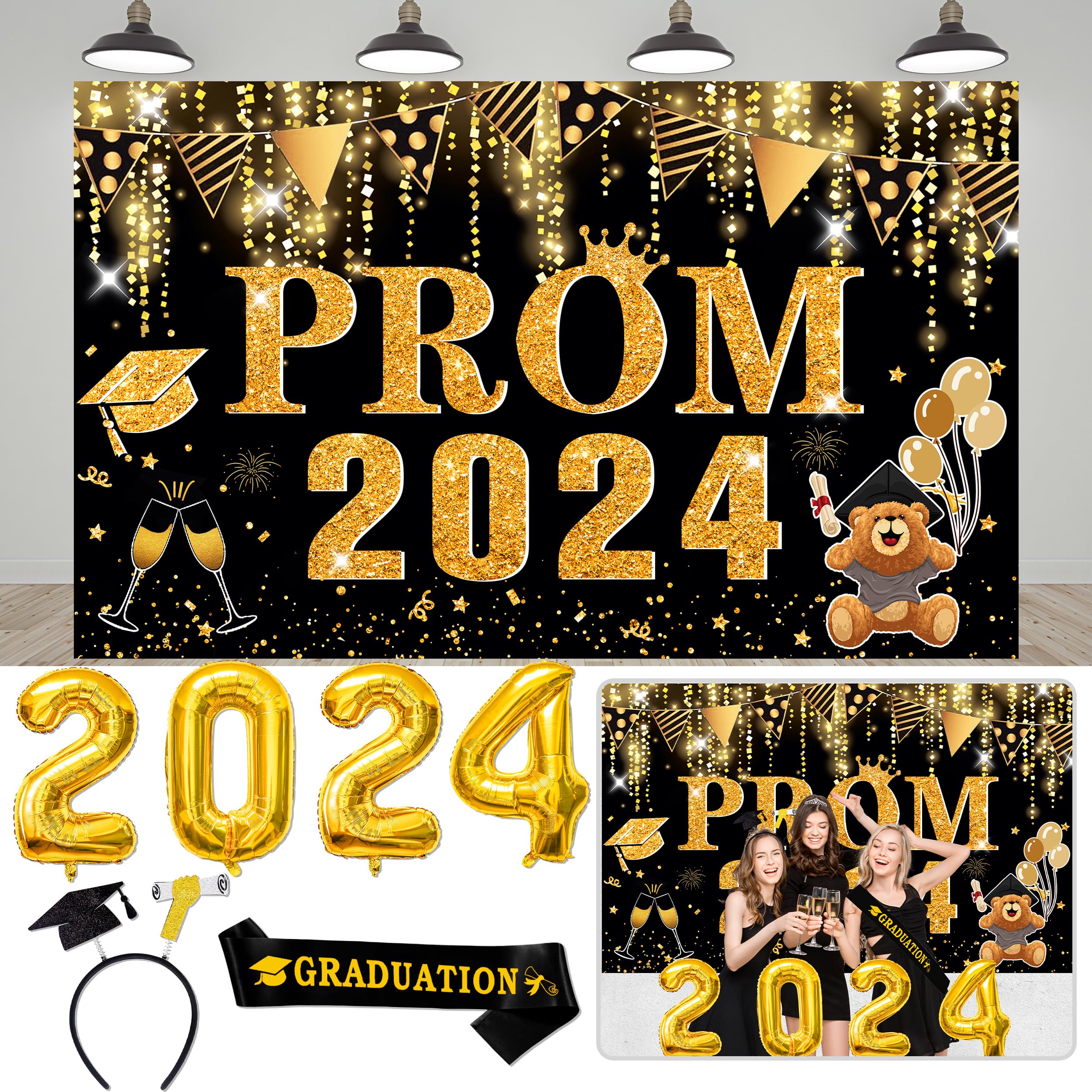 Abitoncc 4 PCS Prom Banner 2024 Black and Gold Prom Decorations 2024 Backdrop Gold 2024 Foil Balloons for High School College Graduation Class of 2024 Prom Night Prom Backdrop Prom Banner 2024