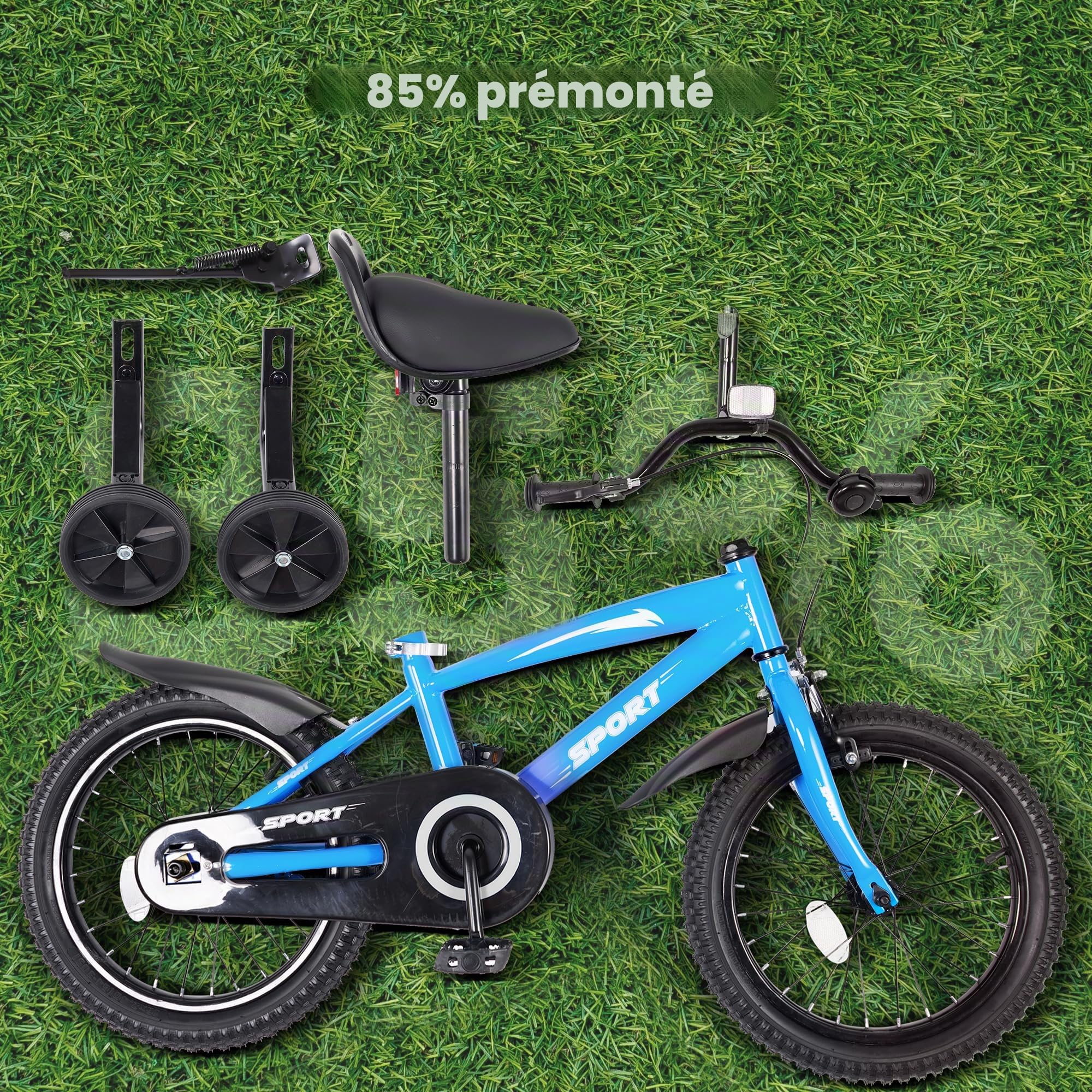 BODIOO Vélo pour enfant de 16" avec siège réglable, roues stabilisatrices, frein à main, frein à rétropédalage et cadre solide pour cyclistes de 104 à 117 cm (bleu)
