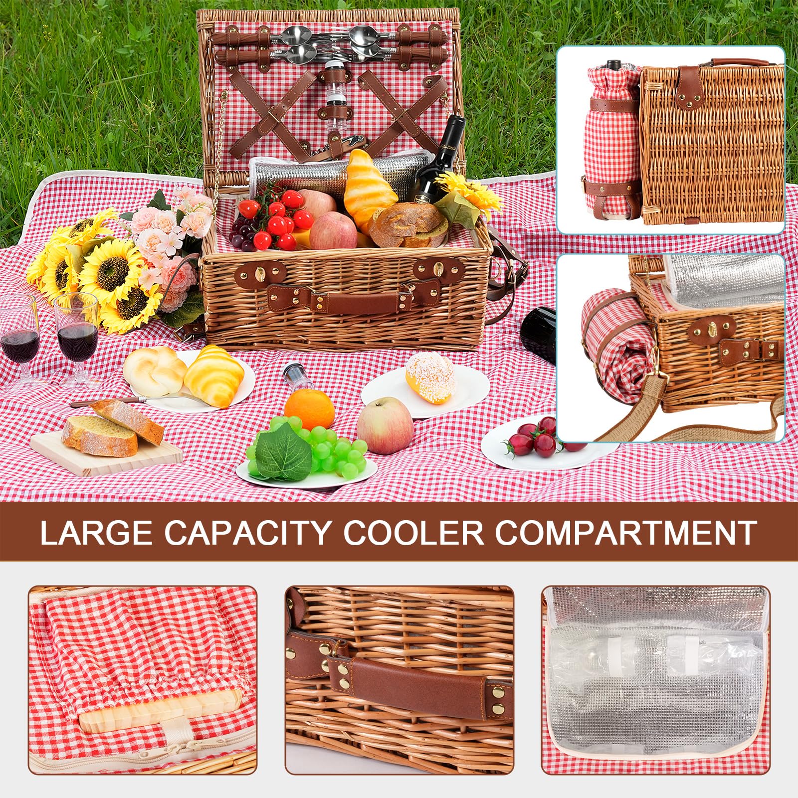Set di cestini da picnic per 4 persone con scomparto refrigerante e coperta impermeabile