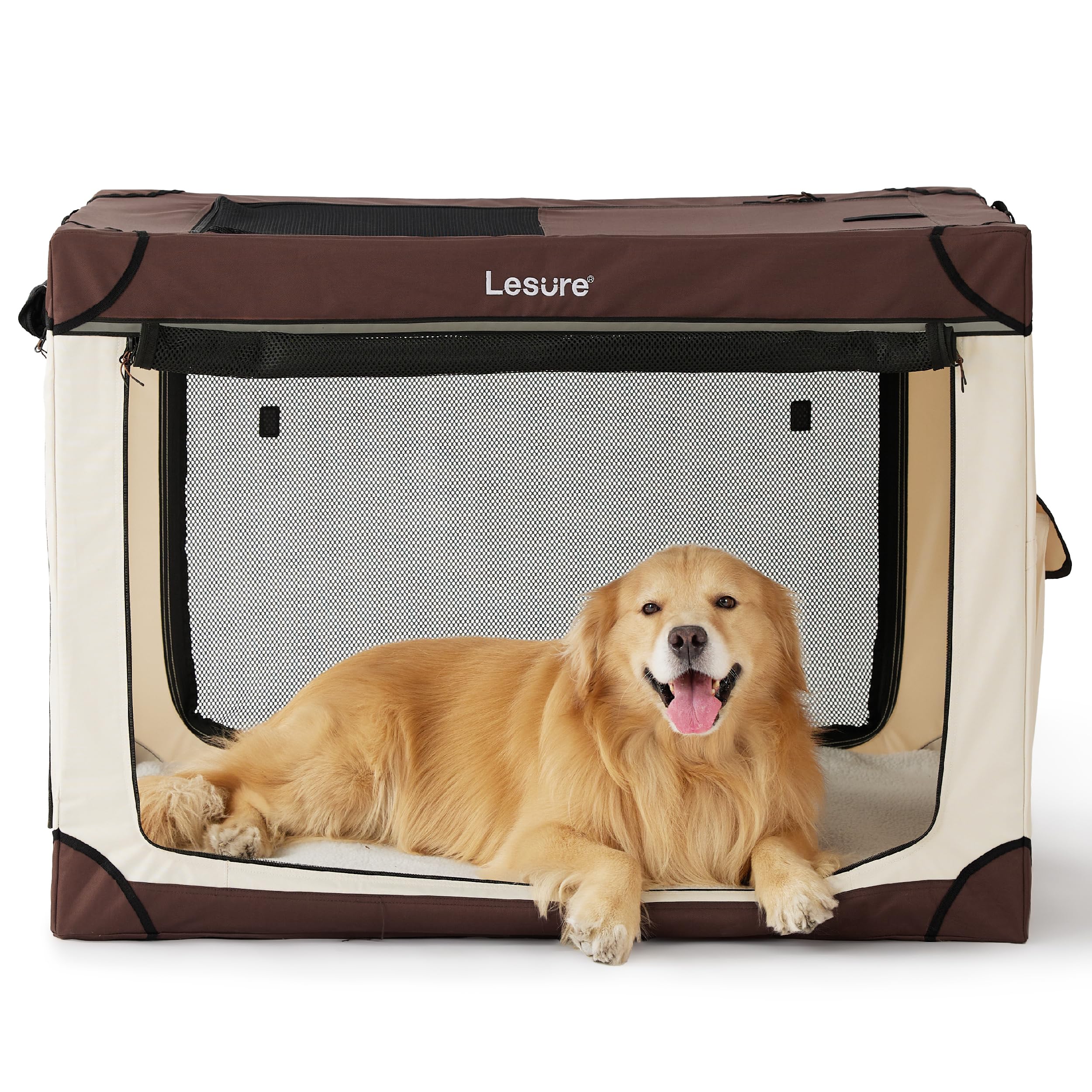 Lesure Soft Collapsible Dog Crate - 42 Inch Portable Travel Dog Crate for Extra Large Dogs Indoor & Outdoor, 4-Door Foldable Pet Kennel with Durable Mesh Windows (Brown)