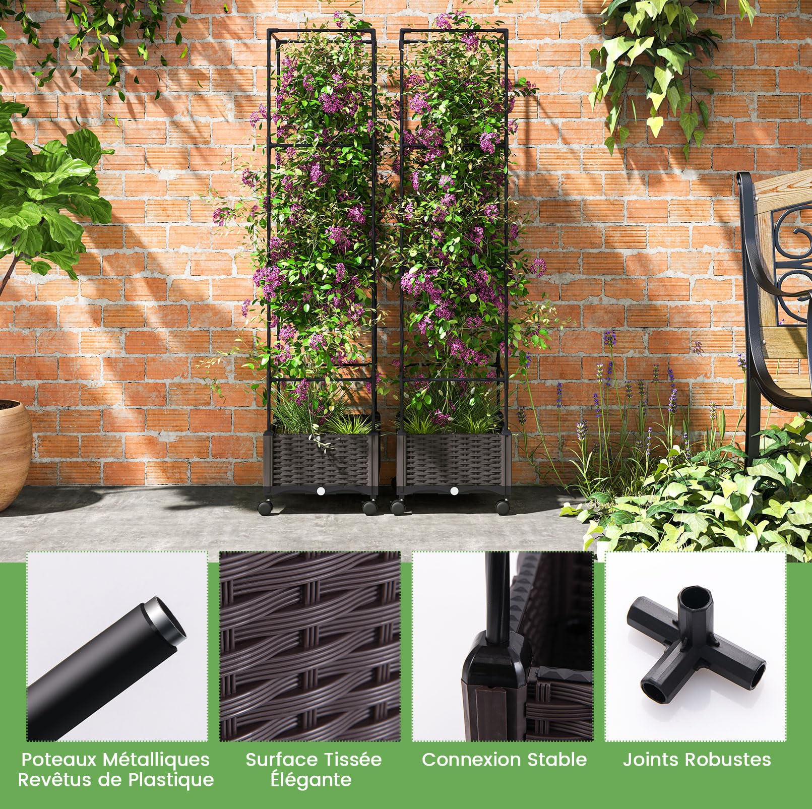 GOPLUS Jardinière avec Treillis Jardin pour Plantes Grimpantes, Obélique avec Carré Potager Pot,Cage à Tomates à roulettes 4 Hauteurs 170/130/90/50CM 40 x 40 x 32CM
