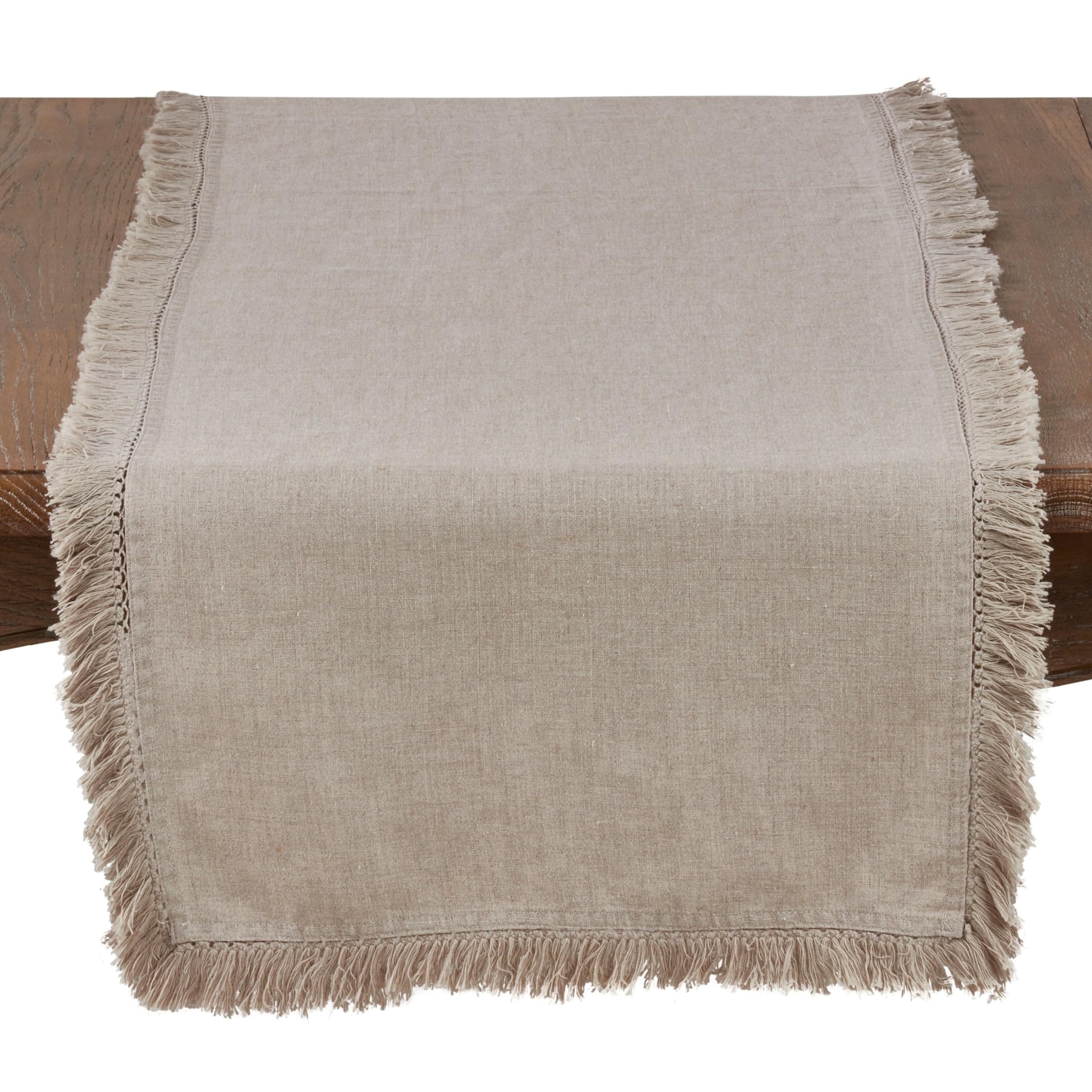 SARO LIFESTYLE 1688.N1672B Refined Rustic Collection Linen Runner with Large Fringe Edges, 16" x 72", Natural