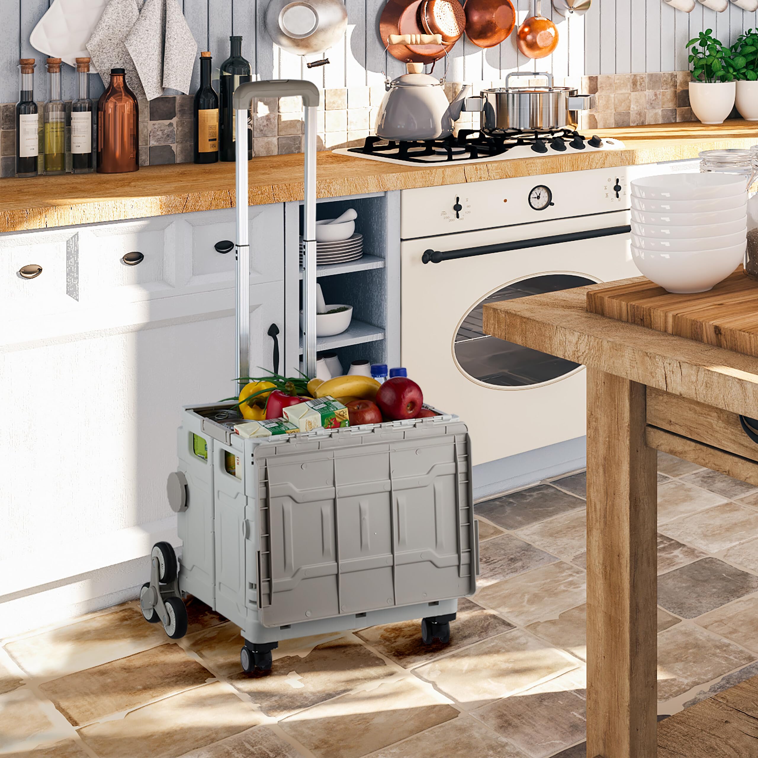Relaxdays Carro Compra Plegable, Cesta con Ruedas Subeescaleras, Tapa, Asa Telescópica, hasta 50 kg, Blanco/Gris
