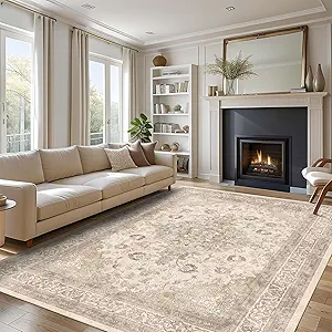 vivorug Beige 9x12 Area Rugs for Living Room, Non Slip Machine Washable Vintage Rug, Ultra-Thin Lightweight Large Area Rug for Bedroom, Dining Room, Low Pile Rug