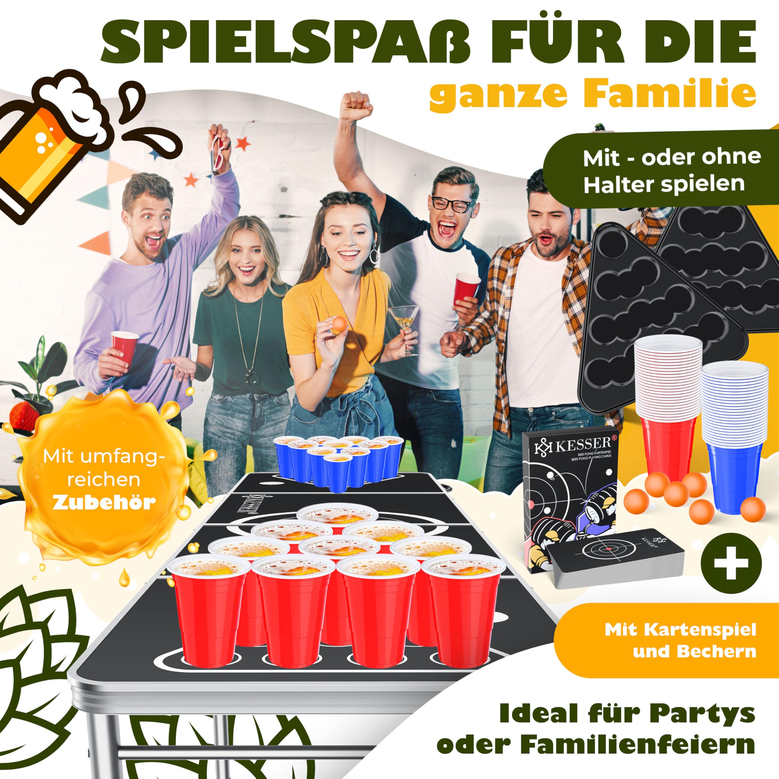 KESSER® Beer Pong Set da Tavolo con Gioco di Carte, con 100 Bicchieri (50 Rossi e 50 Blu), 6 Palline + Set di Regole, Tavolo per Feste, Regolabile in Altezza, Classic + Carte