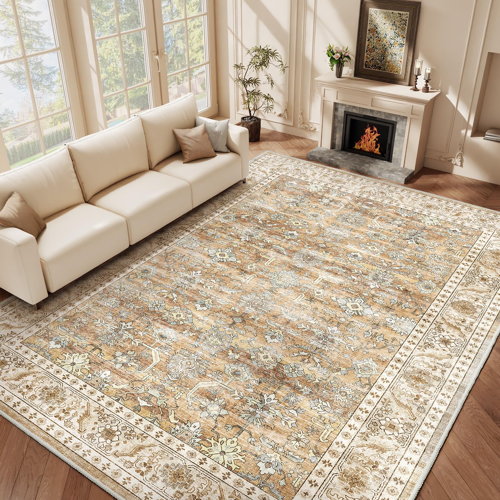 HOMFINE Teppich Wohnzimmer 240x340cm Vintage Waschbar Beige Braun | Großer Waschbarer Kurzflor Teppich mit Blumenmuster, Rutschfest, Weich und ideal für Wohnzimmer, Schlafzimmer und Esszimmer