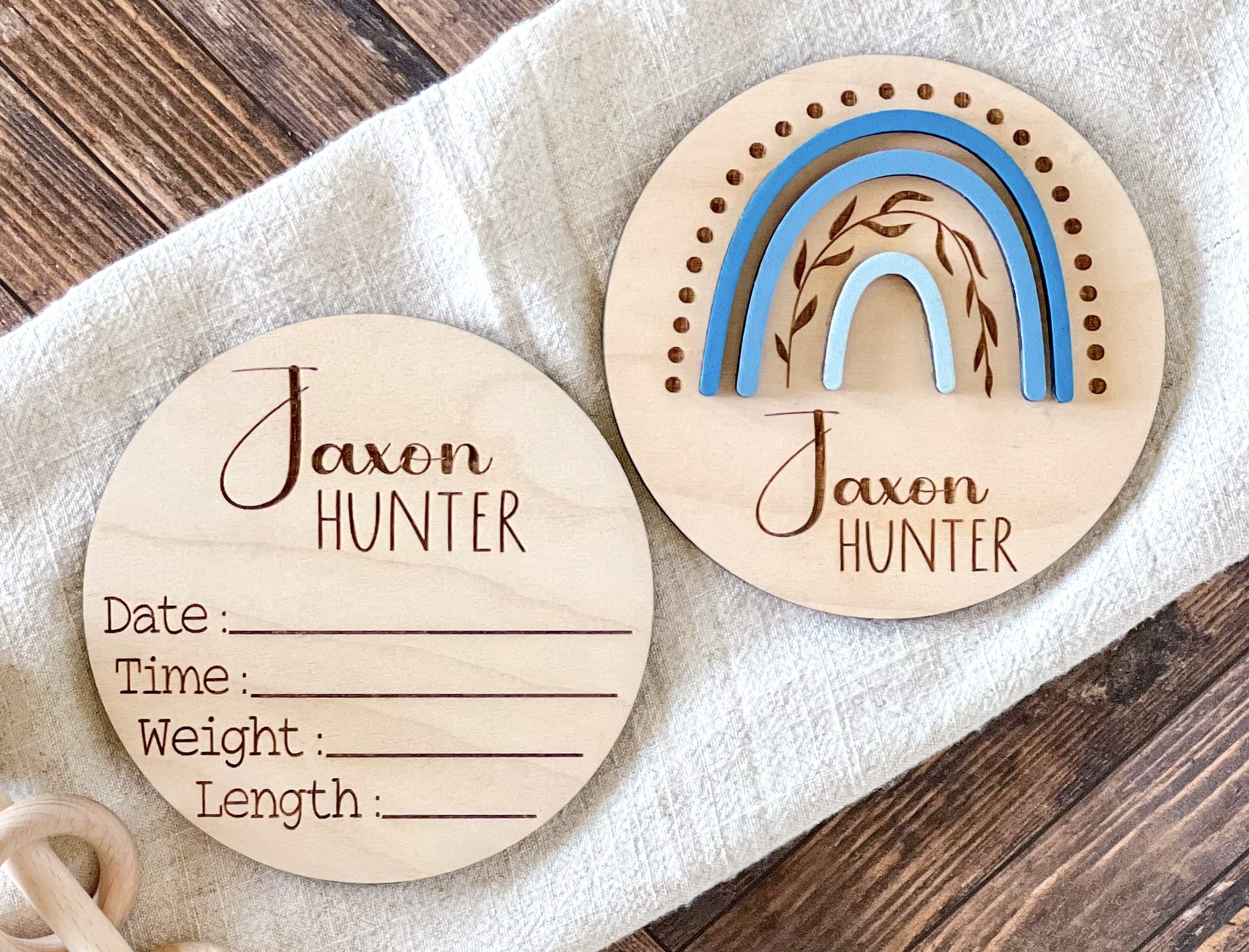 Personalized Birth Announcement Sign for Hospital - Double Sided - Wooden Newborn Announcement Sign - Name Baby Announcement Rainbow Sign Customized for Baby Boy