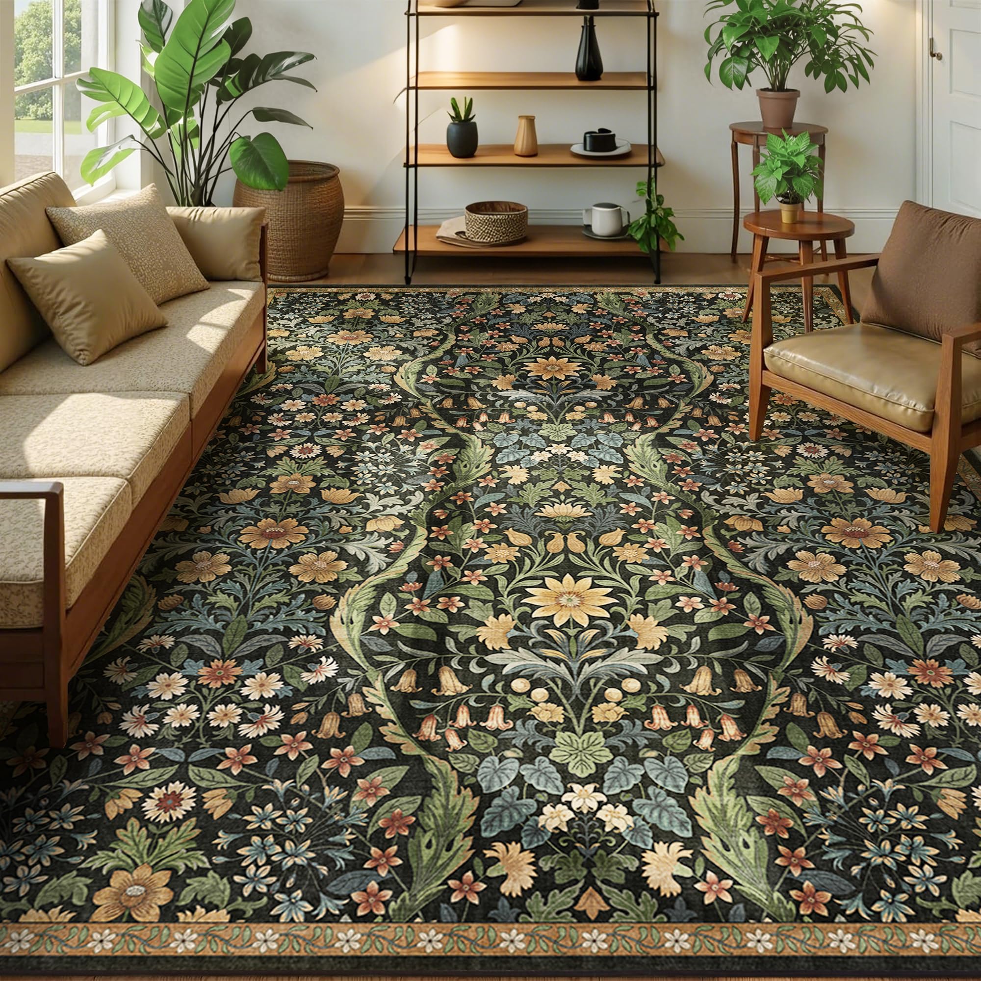 8x10 Washable Area Rug for Living Room, Large Vintage Black Brown Floral Rugs, Soft Non-Slip Stain Resistant Boho Lightweight Carpet for Girls Bedroom Dining Room Nursery Home Office — image 1