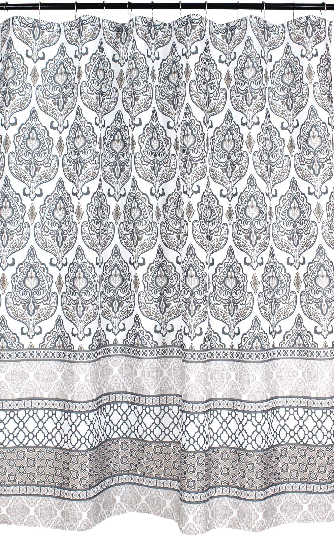 Serafina HomeHotel Quality Fabric Bathroom Shower Curtain: Floral Damask with Geometric Border - Charcoal Grey, Tan and White (72 x 70 inches)