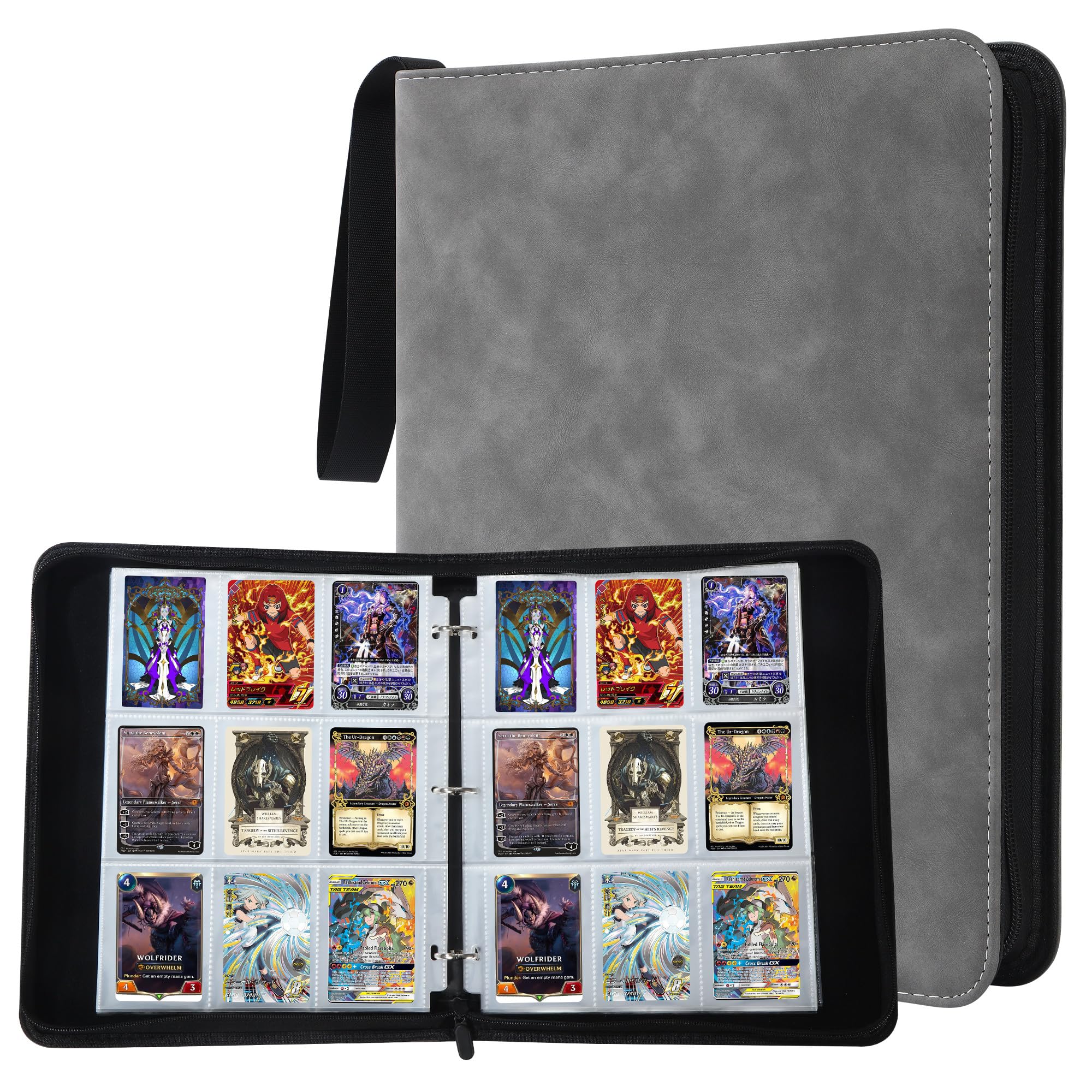Raccoglitore Carte Magic,900 Tasche Album Porta Carte,50 Pagine Raccoglitore di Carte con cerniera,Grande capacità, adatto per le carte di gioco preferite (B-Grigio-02)