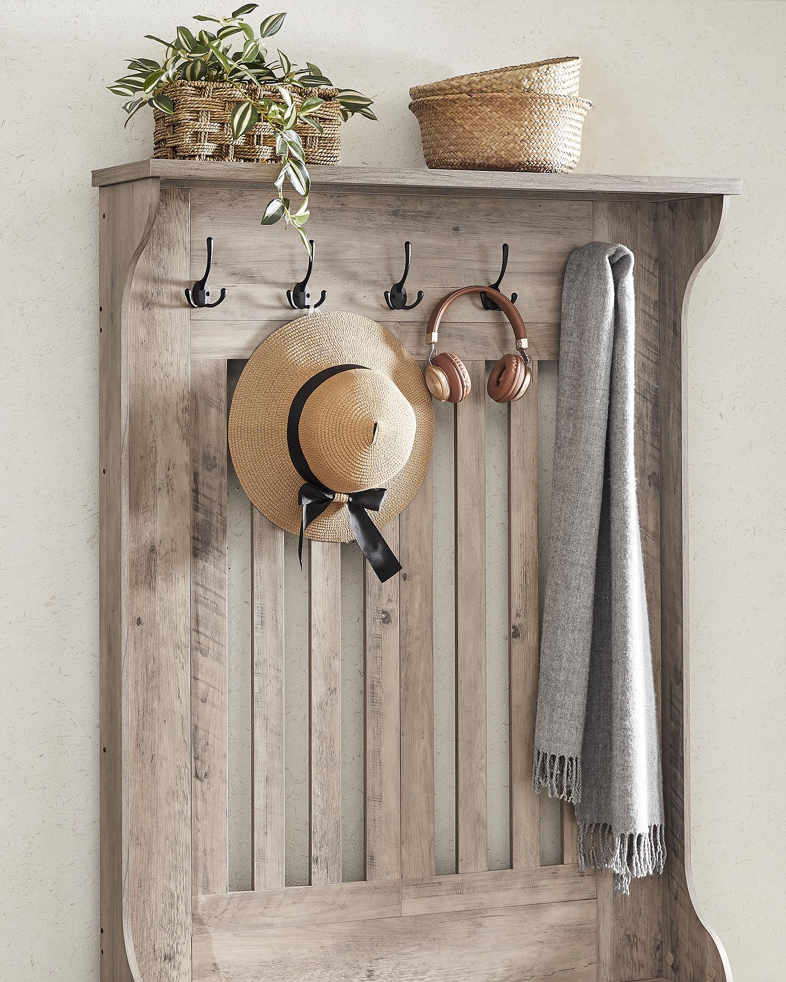 VASAGLE Meuble d’Entrée, Porte-Manteau avec Banc à Chaussures, Vestiaire, Rangement pour Chaussures, 5 Crochets Triples, Gain de Place, pour Entrée, Couloir, Étagères Réglables, Grège Chiné HSR404T02