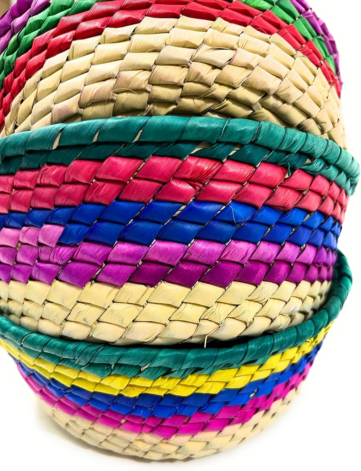 3 Pack Mexican Kitchen Palm Straw Basket Fiesta Decoration in Assorted Colors 8" Diameter image 4