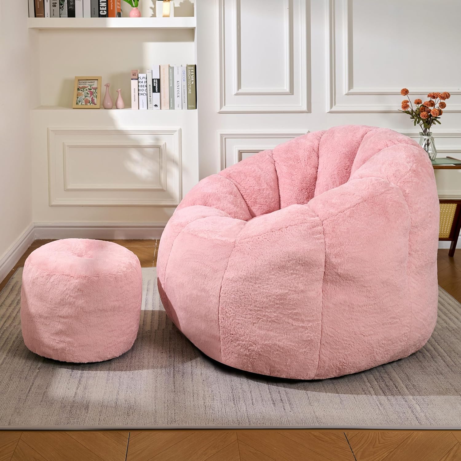 Bean Bag Chair, Bean Bag Chair with Ottoman, Stuffed Bean Bag Chairs with Filler, Big Beanbag Chairs with Filling for Living Room (Faux Fur in Pink, 40.6" D×41.4" W×27.6" H)