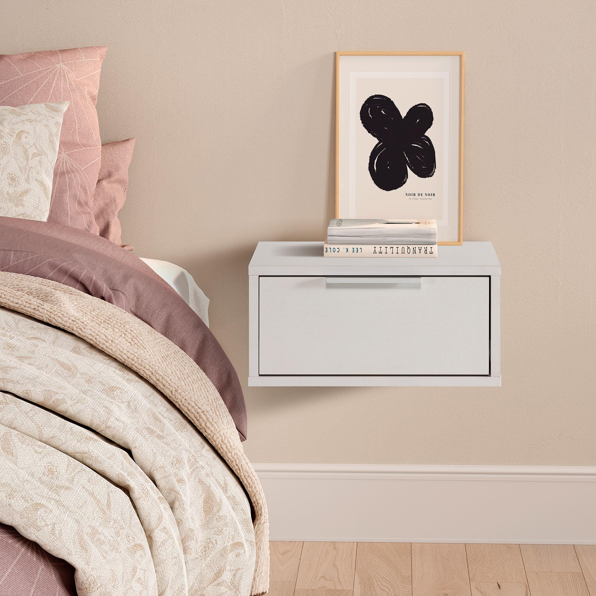 HOMN LIVING Mesita de Noche Flotante Auri 1 cajón Color Blanco, 40 cm (Ancho) 35 cm (Profundo) 19 cm (Altura)