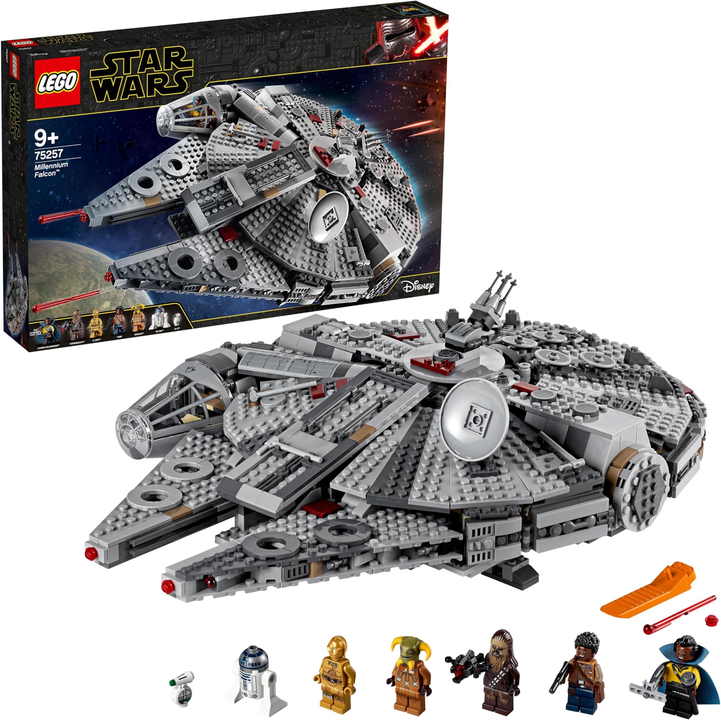 75257 Star Wars Millennium Falcon Starship Construction Set, with Finn, Chewbacca, Lando Calrissian, Boolio, C-3PO, R2-D2 and D-O, The Rise of Skywalker Collection,9 years and up
