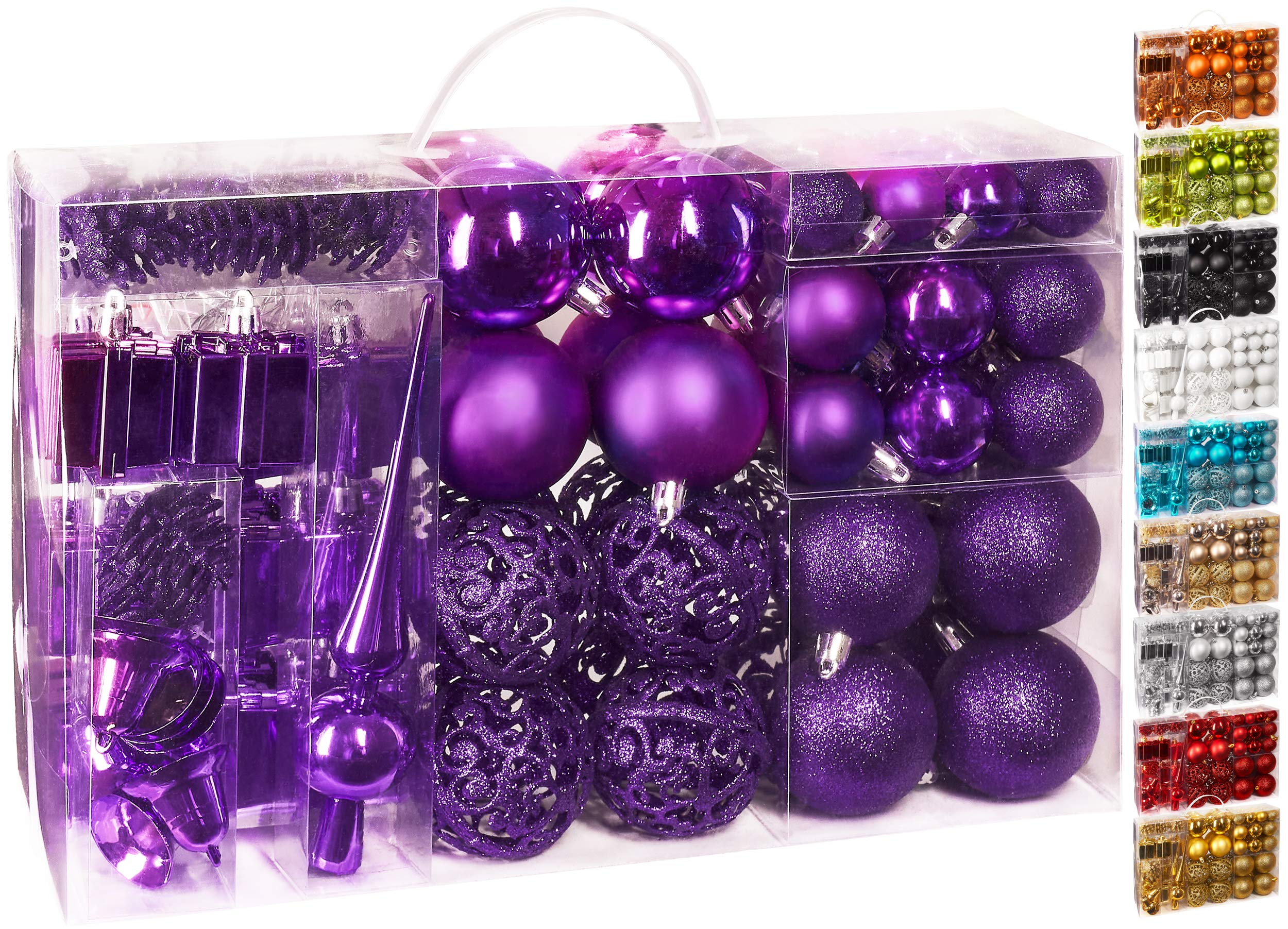 Brubaker Purple 101 Pack Assorted Christmas Ball Ornaments - Shatterproof - Baubles With Tree Topper - Designed In Germany