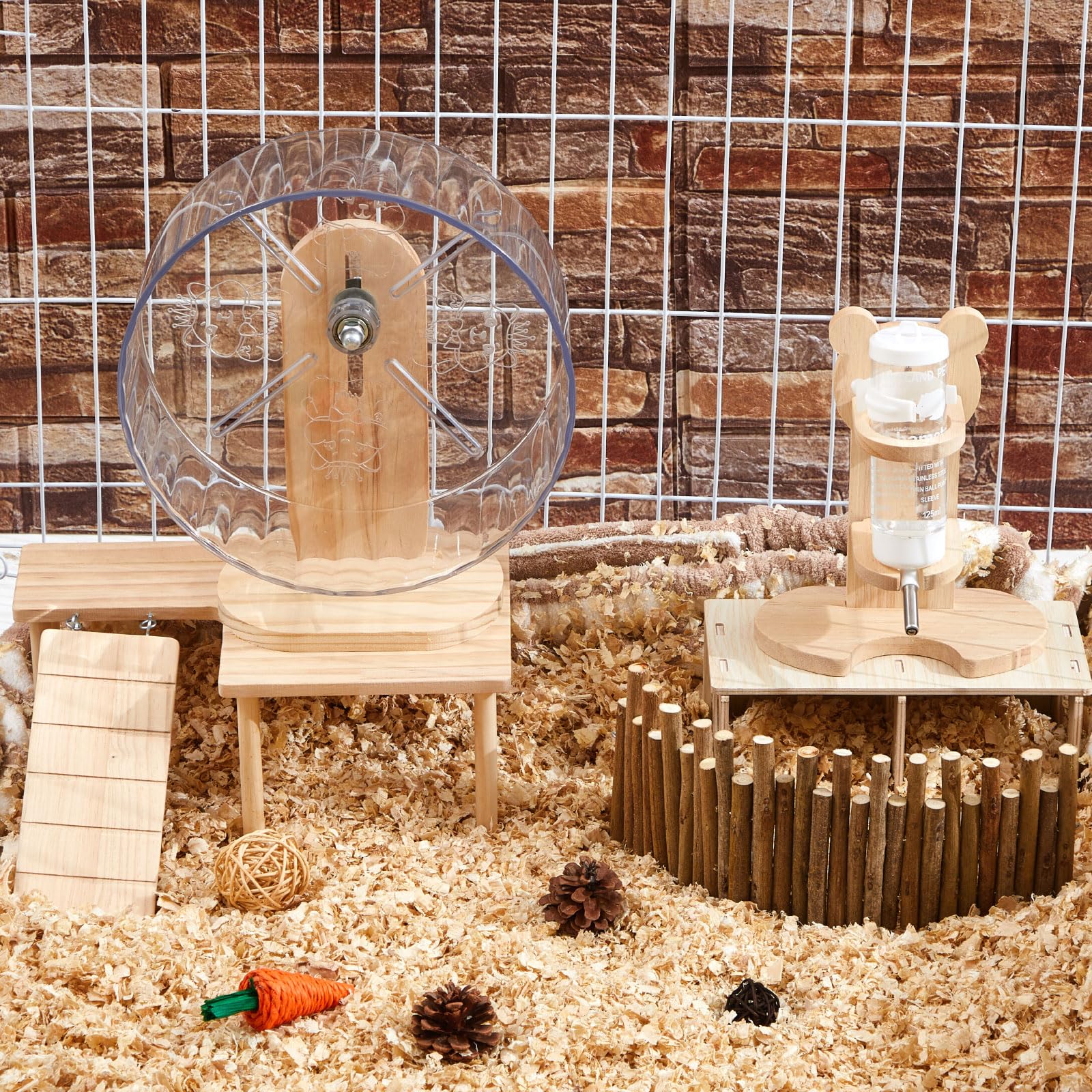 Hamster-Spielzeug-Set, Labyrinth-Holzhaus, Kletterleiter, Holzbrücke, Tunnel, Spielzeugplattform, leise, Laufräder und Wasserflasche, Set für Ratten, Meerschweinchen, Lebensraum (Standard