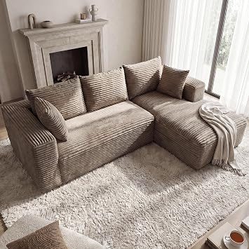 Modular Sectional Sofa Cloud Couch, 107" Comfy L Shaped Sectional Couches for Living Room, Modern Deep Seat Fluffy Corduroy Boneless Couch Sectionals Sofa with Chaise Right Facing, Light Camel