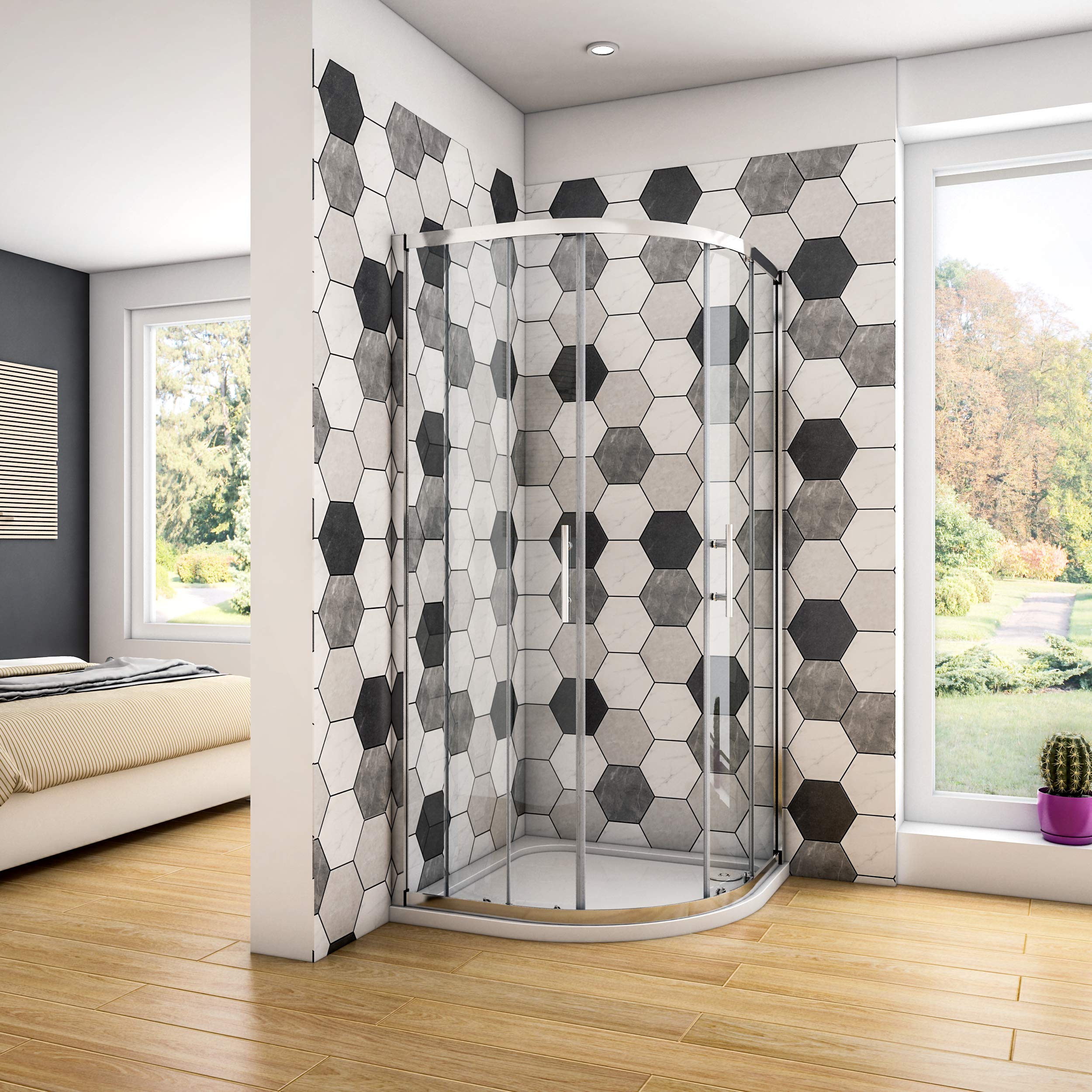 Box Doccia Semicircolare alto 185 cm Porta Apertura Vetro 6mm 80x80 cm | Trasparente Anticalcare, Temperato, Vetro, Profilo Cromo, Scorrevole