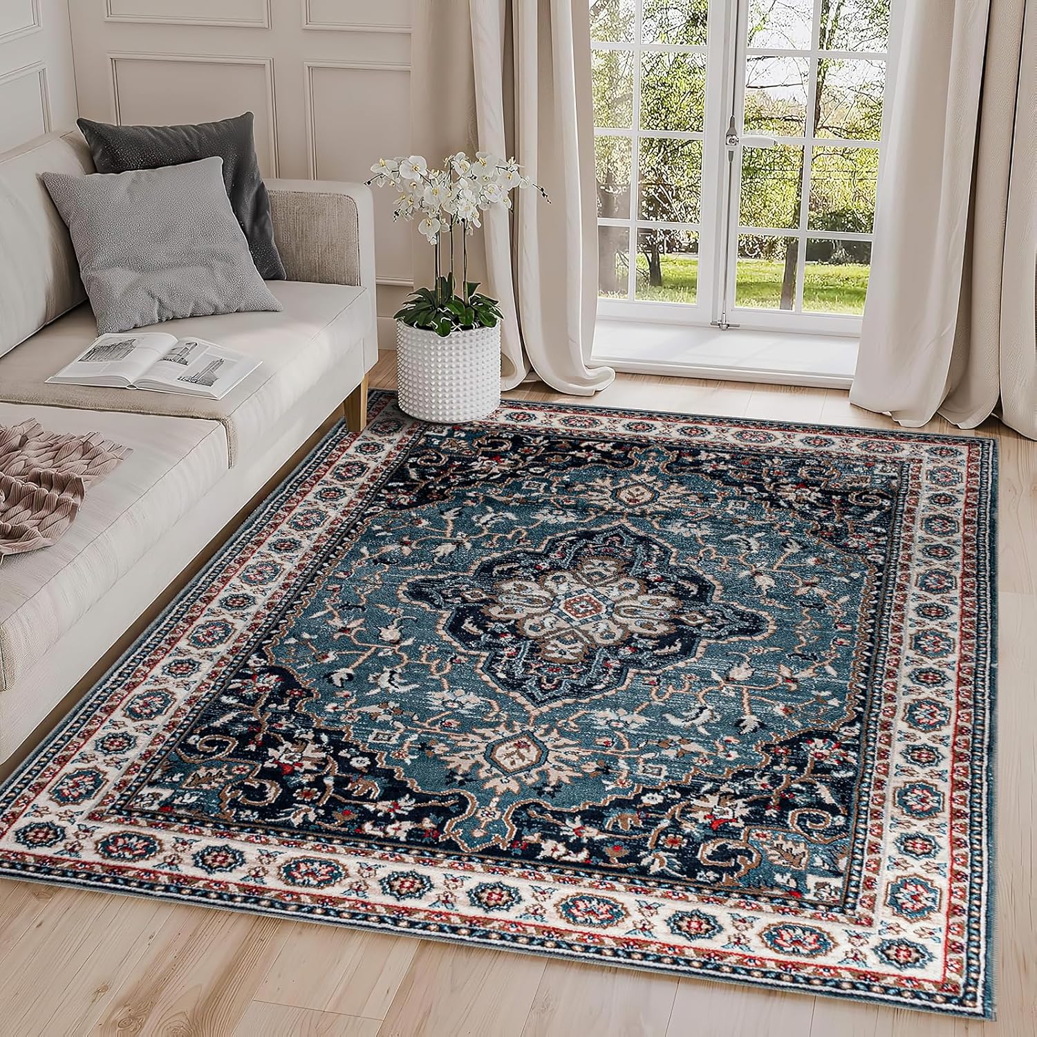 Easy-Going Area Rug 5x7 Medallion Distressed Washable Rugs for Living Room Non-Slip Bedroom Rug Low Pile Lightweight Vintage Retro Throw Rug for Dining Room Kitchen Home Office Carpet, Teal Brick - Image 8