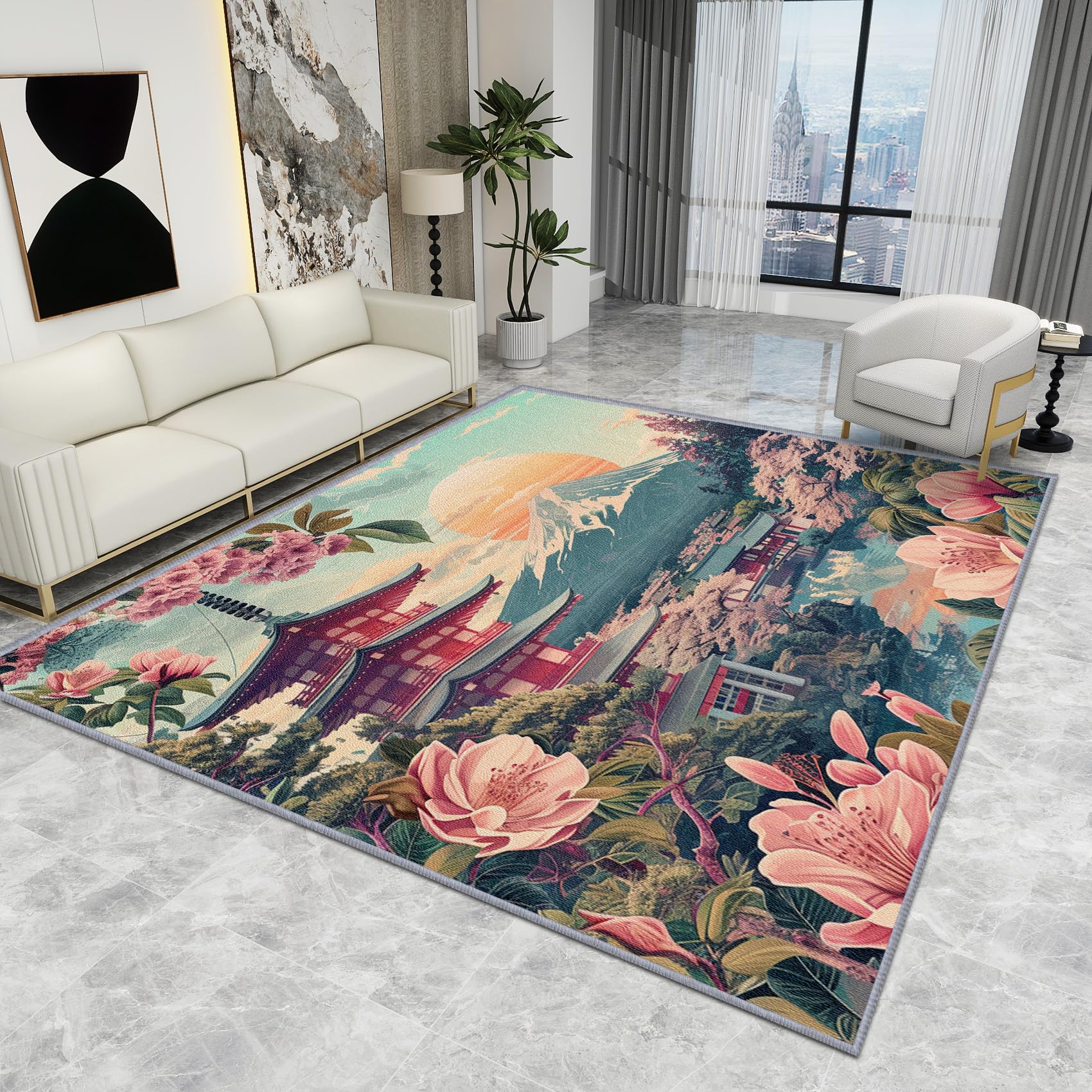 Japanese Rugs for Living Room - Japanese Rug - Oriental Asian Mountain Rugs, Oriental Asian Mountain Carpet, Washable Rug Non Slip Low Pile Soft Small Area Rugs, Japanese Home Decor Gifts, 60 X 90 cm