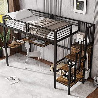 Lcoho Cama de hierro, litera, cama alta, adecuada para niños y adolescentes, con mesa y armario, escalera lateral con pasamanos, hierro+tablero de partículas, negro+color madera oscura, (90 x 200 cm)
