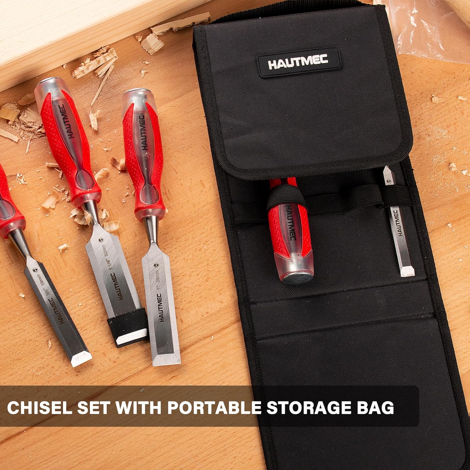 HAUTMEC Wood Chisel Sets, 5 Piece Chisel Set for Woodworking, Full Tang Drop-Forged CR-V Steel Beveled Edge Blades with Carry Storage Bag and Ergonomic Non-Slip Handles