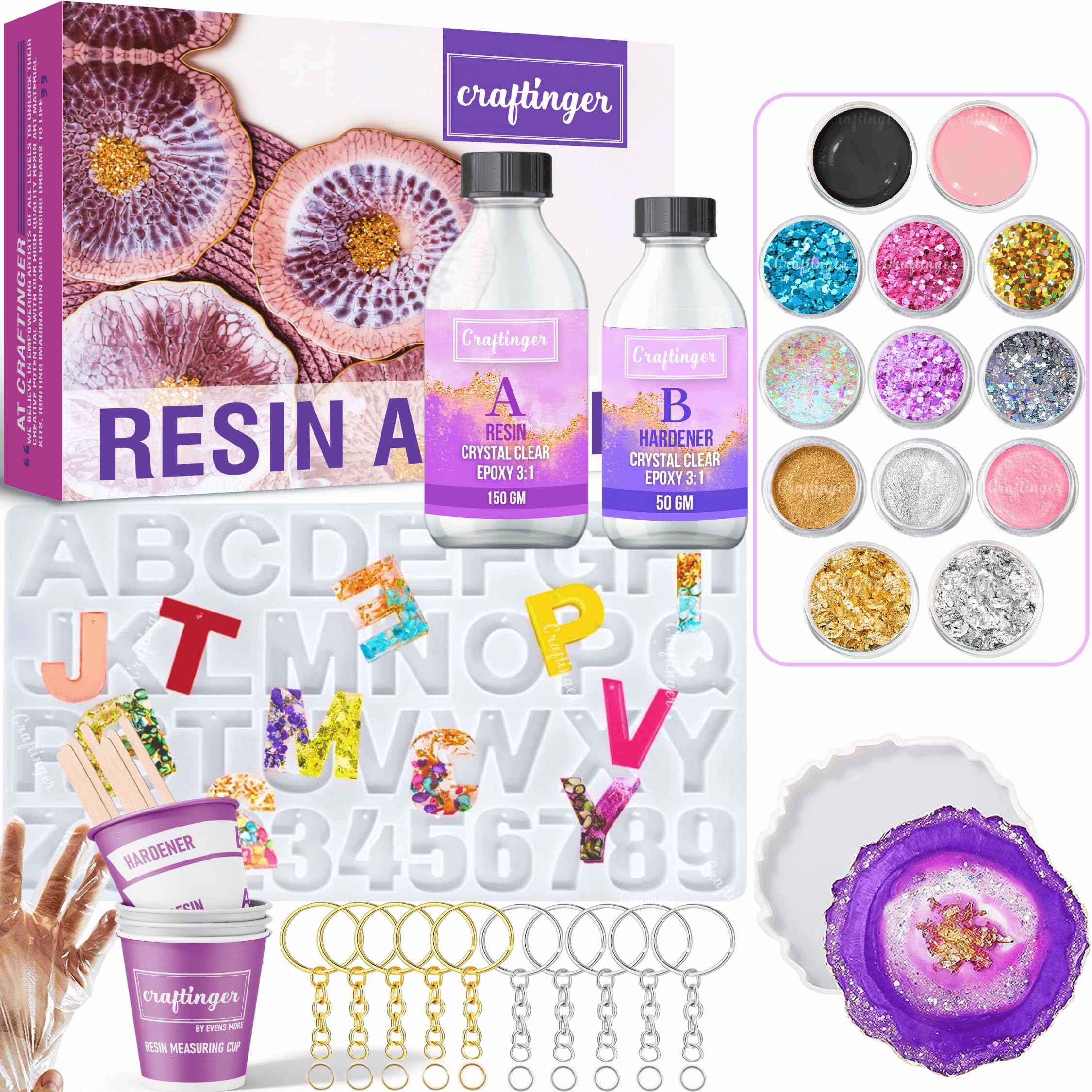 Pro Resin Alphabet Keychain Making Kit with Moulds, 200GM Epoxy Resin, Glitter Pigments and More