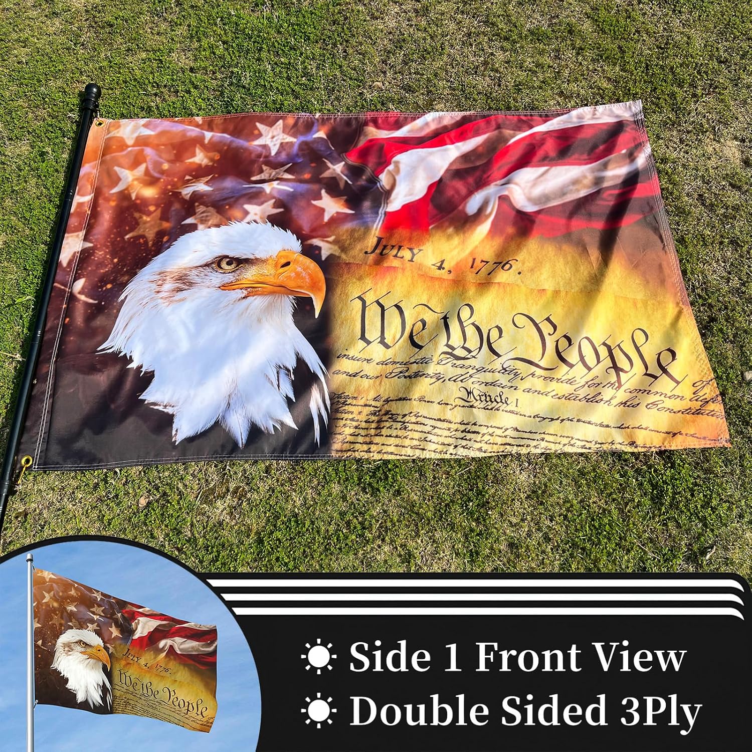 Vintage American Flag Bald Eagle 3x5 FT 3Ply Double Sided Print 4th of July We The People 1776 Flags Outdoor Indoor Decorate - Image 2