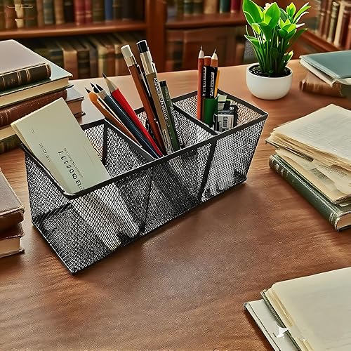 Miniatura 3 de Soporte para lápices, organizador de escritorio de malla metálica, 3 compartimentos para oficina, escuela, hogar, suministros o accesorios,