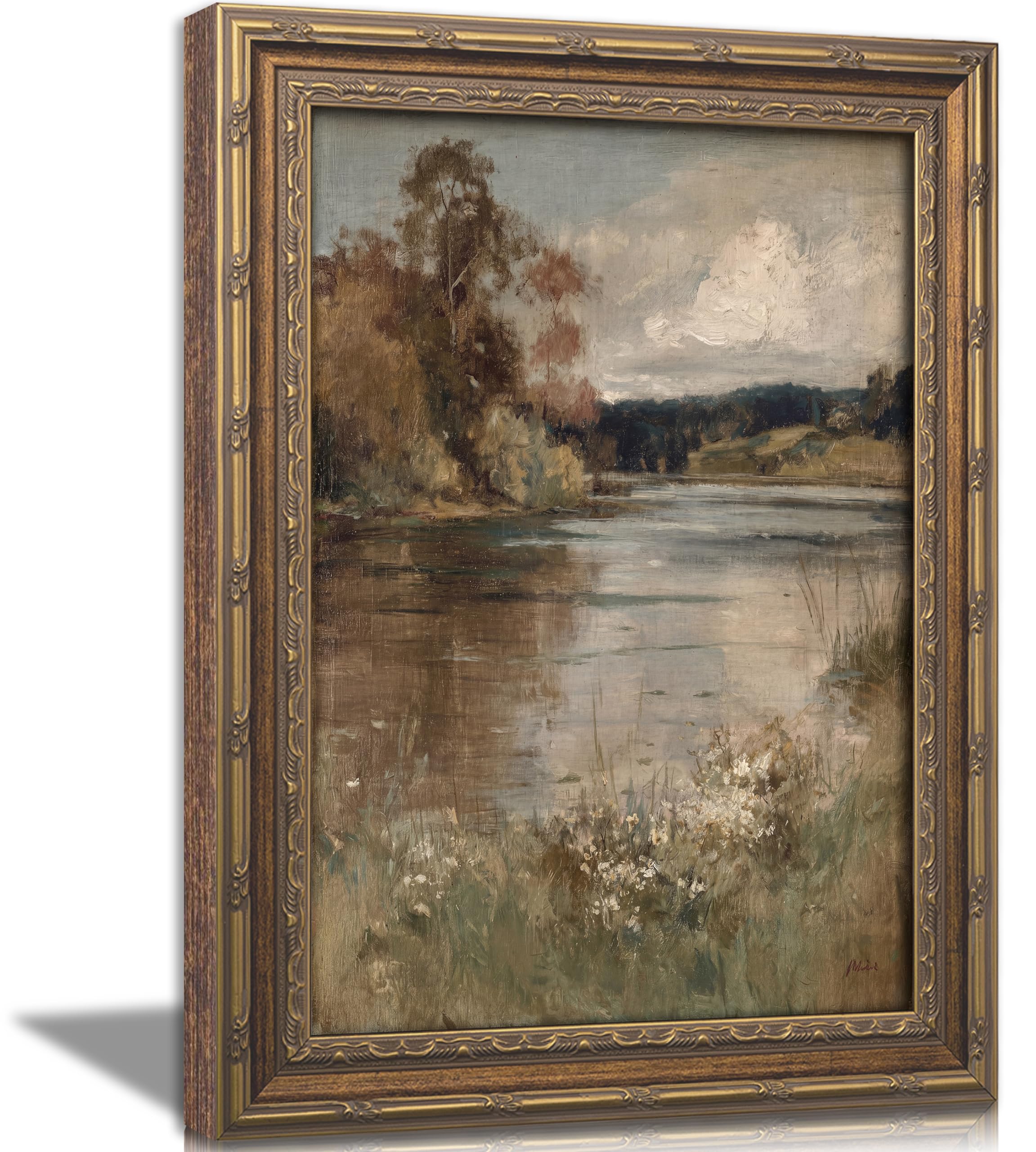 Vintage Gold Framed Landscape Wall Art, Fall River Scenery Oil Painting Canvas Print, Antique Impressionist Country Lake Wall Decor, Rustic Farmhouse Poster Artwork for Living Room Bedroom, 16x24in