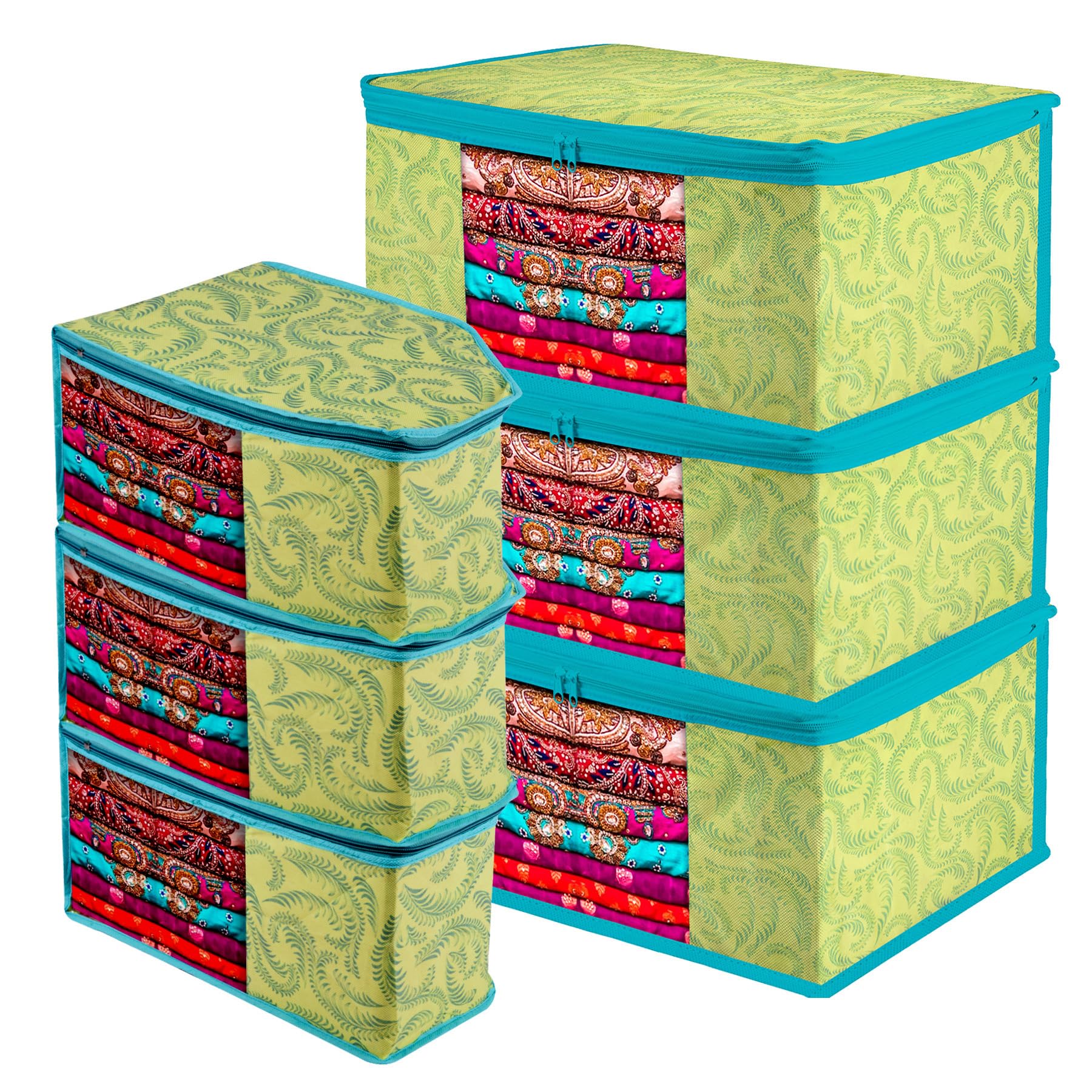 Kuber Industries Saree Cover & Blouse Cover Set | Zipper Closure Saree & Blouse Organizer Combo Set | 3 Pieces Blouse & 3 Pieces Saree Cover Set | Leaf-Design | Set of 6 | Green
