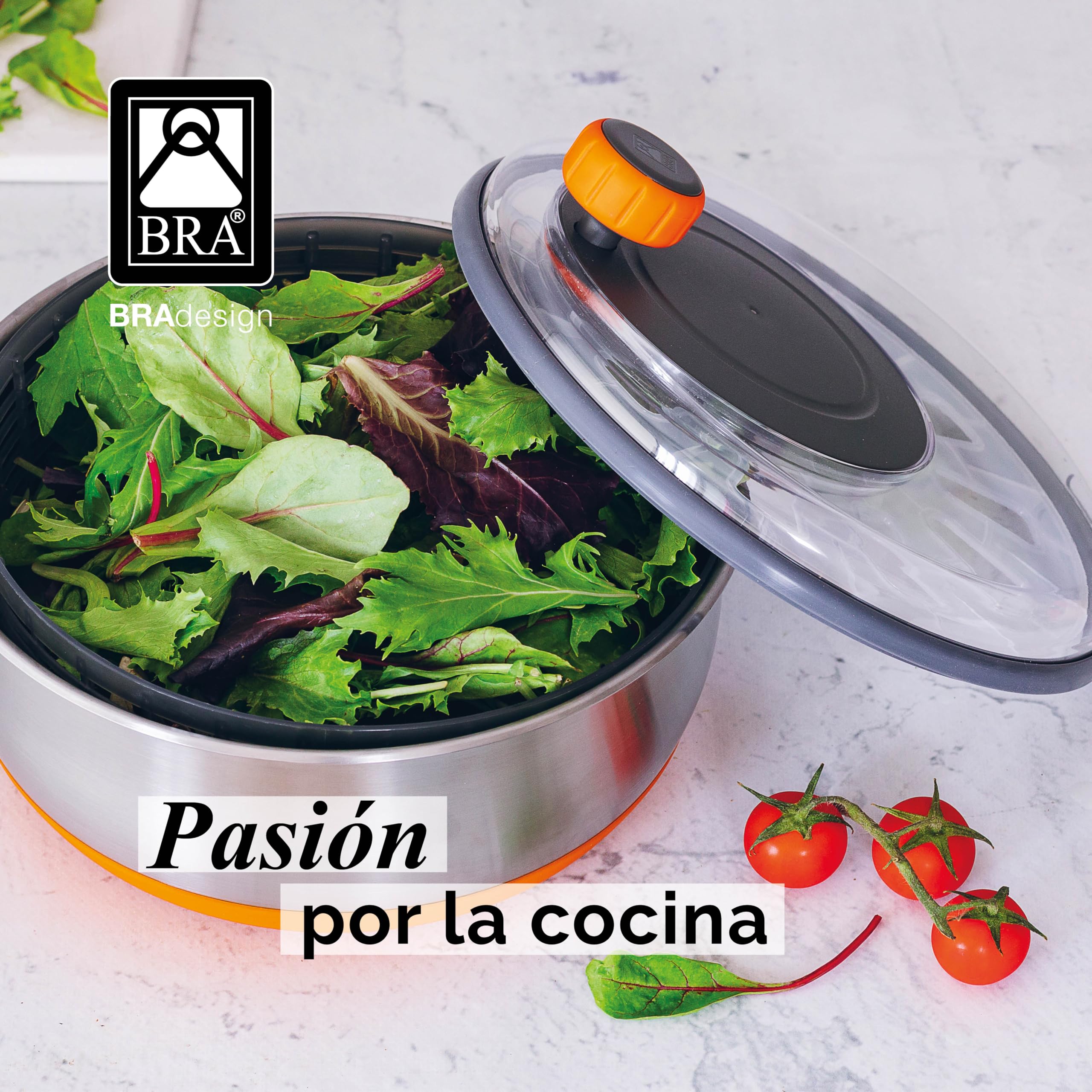 BRA Efficient | Centrifugadora de ensalada, Acero Inoxidable 18/10 con base de Silicona Antideslizante, Capacidad 4 L, Apto como Bol para Servir
