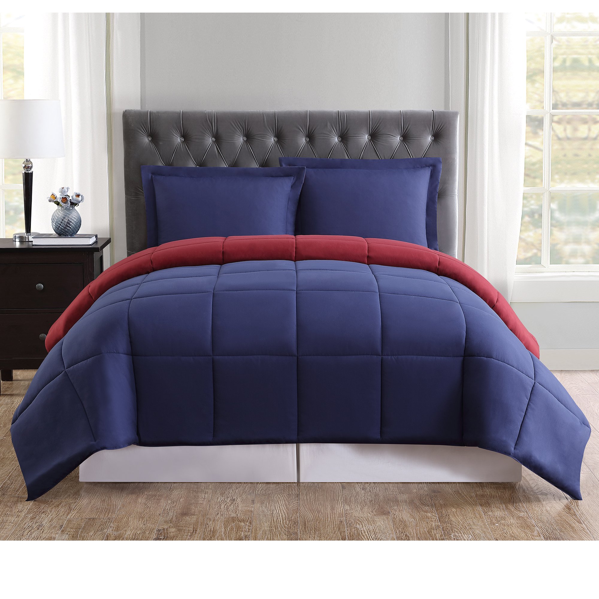 Truly Soft EverydayReversible Comforter and Shams Mini Set Navy and Burgundy Twin XL