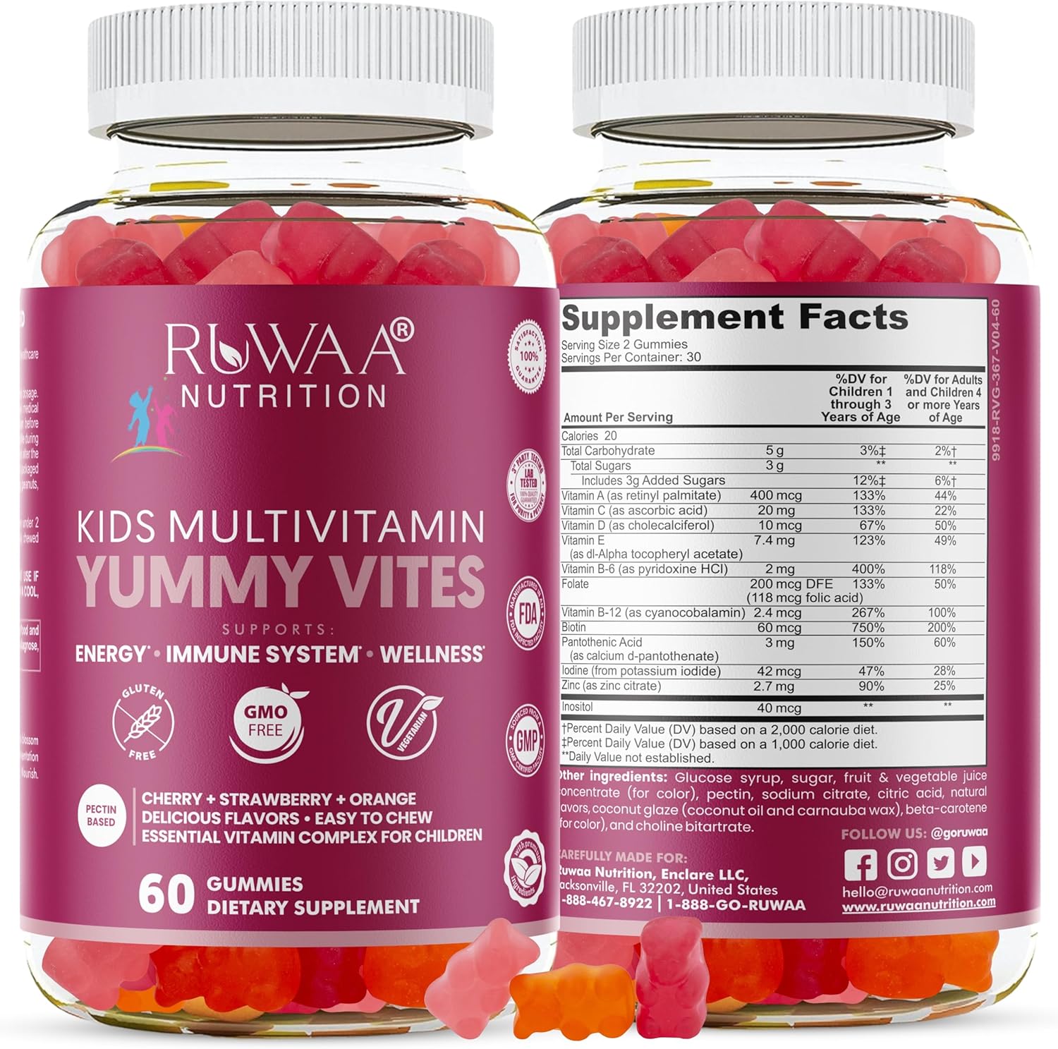 RUWAA NUTRITION Kids Multivitamin Gummies, Gummy Vitamins, Zinc, Vitamin C, D, E, B6, Growth & Immune Support, Chewable, Gluten-Free, Non-GMO, 60 Children's Multivitamins for Kids 3 Fruit Flavors