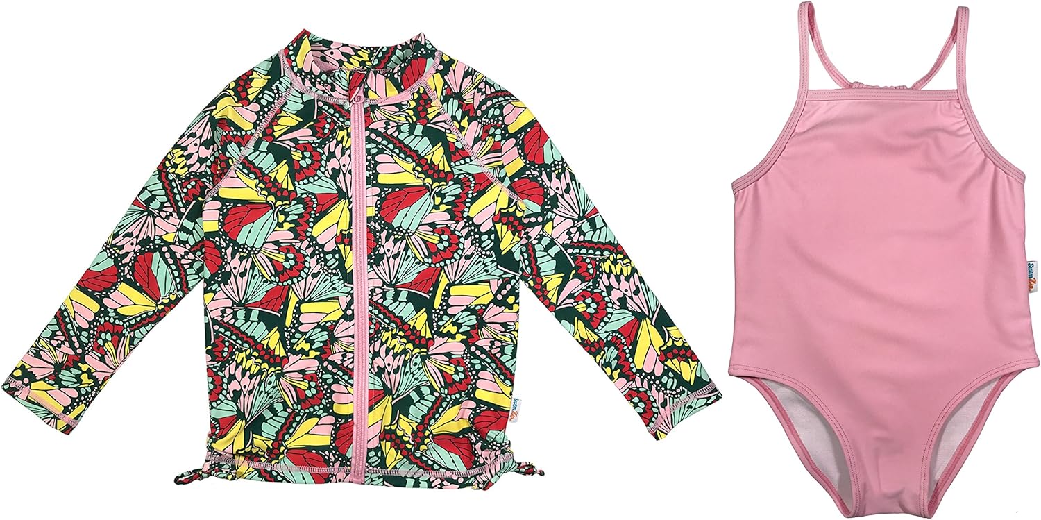 SwimZip Girls' Long Sleeve Rash Guard & 1-Piece Swimsuit - UPF 50 Sun Protection