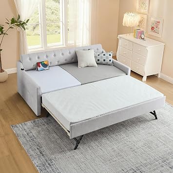 Twin Size Daybed with Trundle, 82" Upholstery Day Bed Frame w/USB&Type C Port Linen Button Extending Sofa Couch Bed for Bedroom, Living Room, No Box Spring Needed,Beige