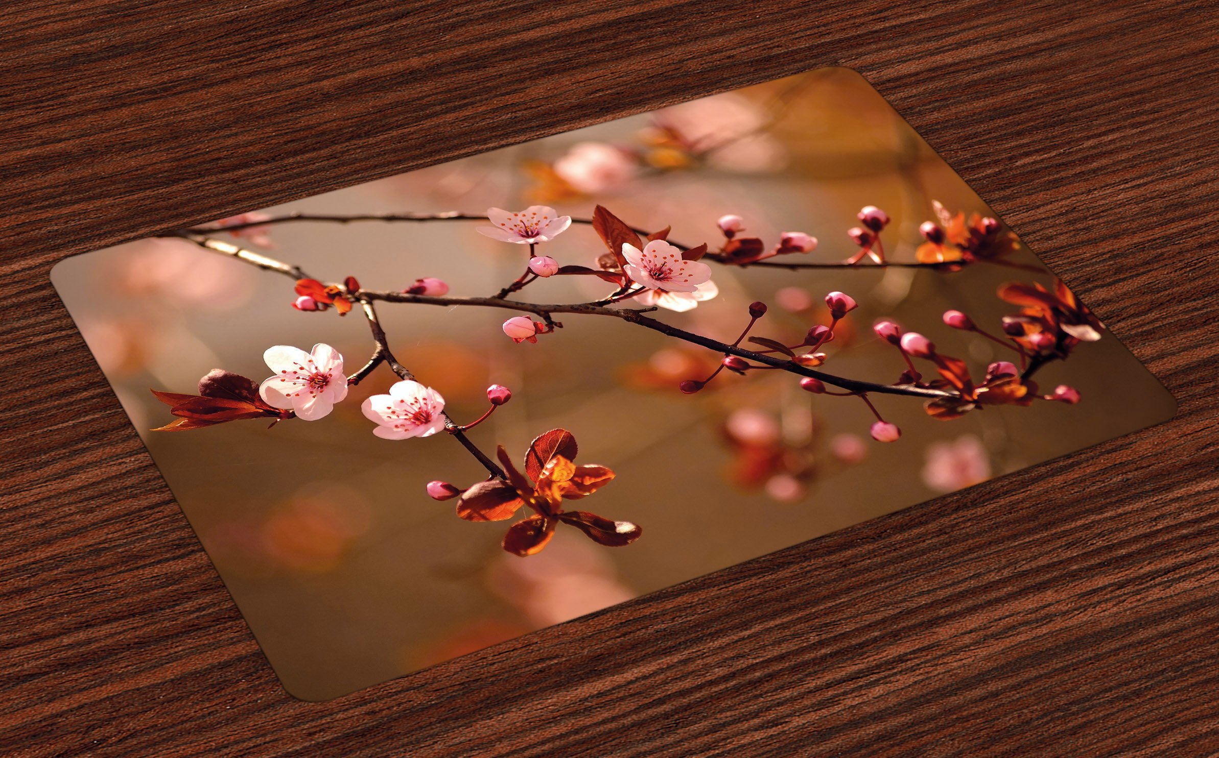 AmbesonneNature Place Mats Set of 4, Cherry Blossom Sakura Tree Branches Flowering Japanese Flourishing Print, Washable Fabric Placemats for Dining Table, Standard Size, Coral Pink