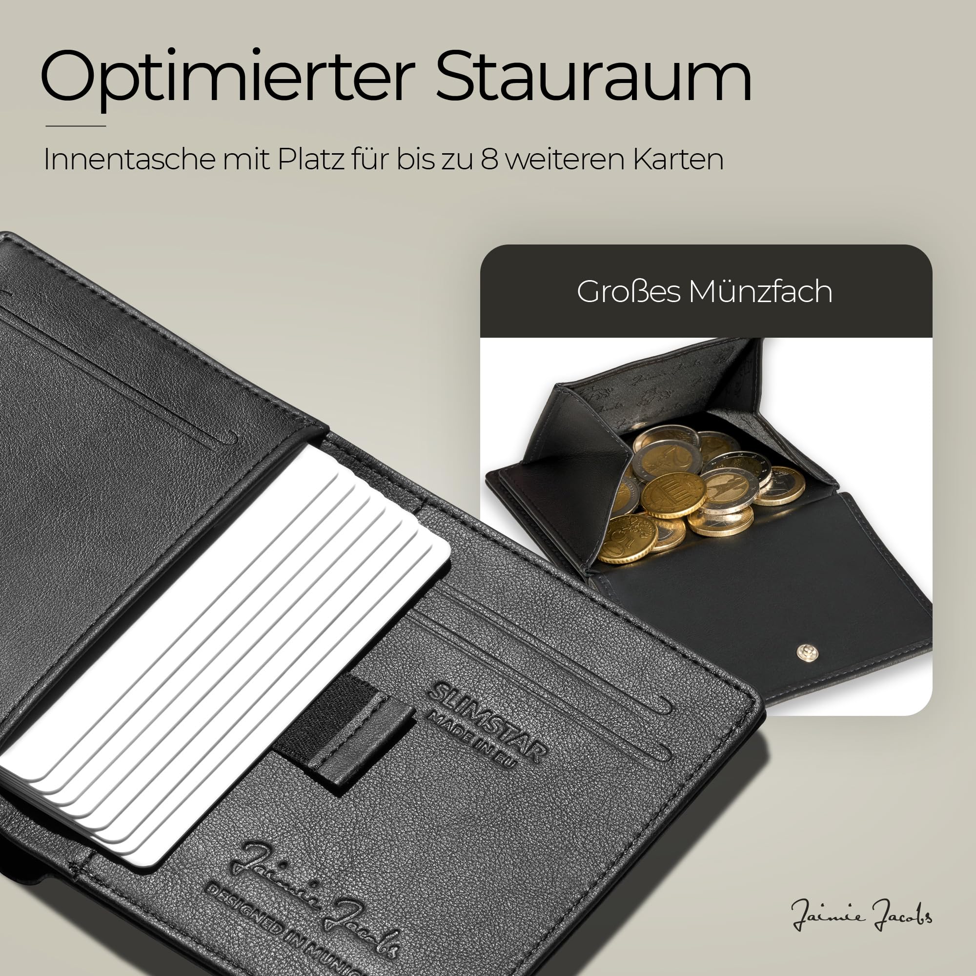 JAIMIE JACOBS SLIMSTAR mit großem Münzfach dünne Geldbörse Leder Slim Wallet Hochformat Geldbeutel Herren (Schwarz)